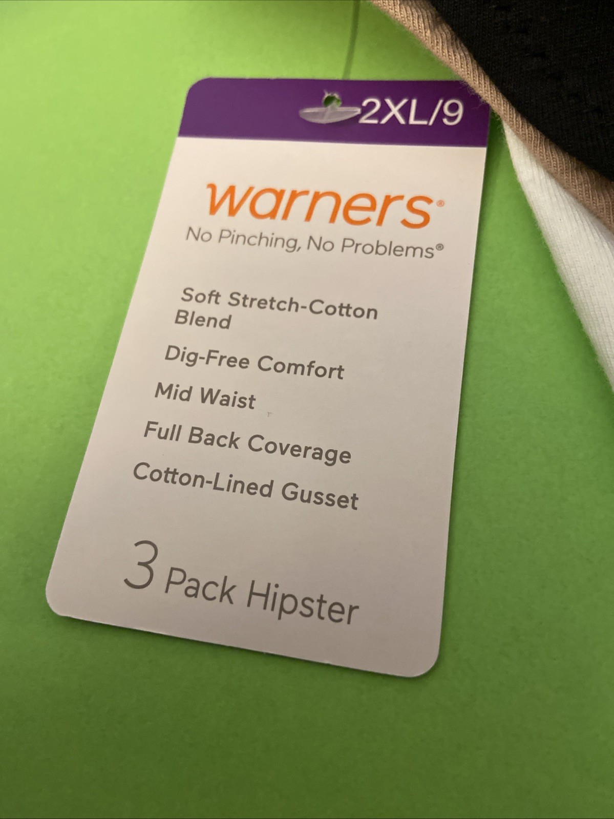 WARNERS ASSORTED WOMENS’ HIPSTER PANTY 3 PACK / MSRP $36/ Size 9 / 2 X-LARGE