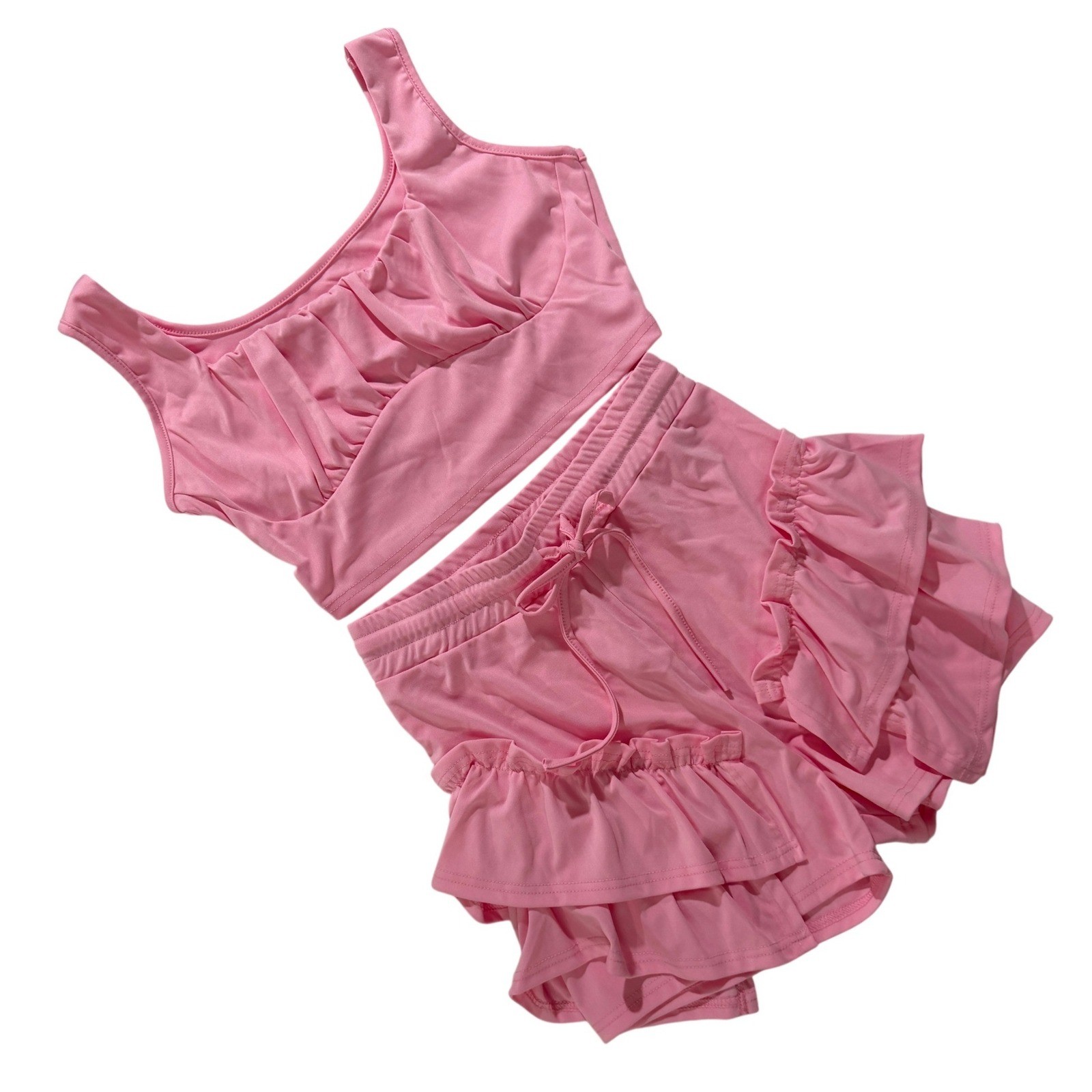 Pink Ruffle Lounge Set Crop Tank & Shorts Elastic Waist XL