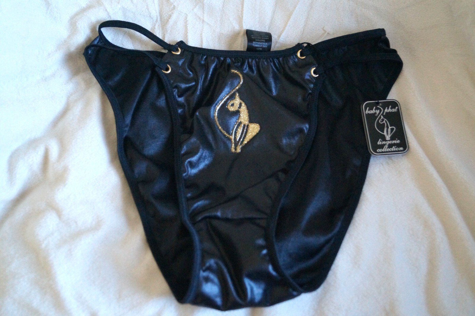 New Baby Phat Large 7 String Strappy Panty Gold Cat Logo RARE Black