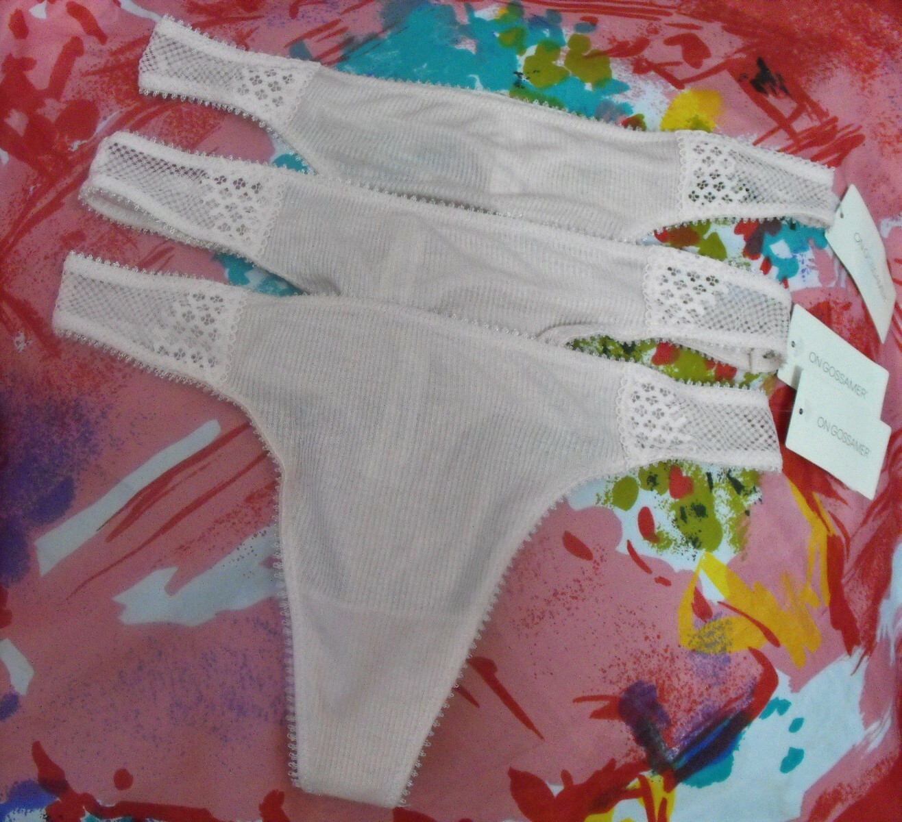 3 ON GOSSAMER G2151 BLUSH SILK MODAL LACE TRIM THONG PANTIES S