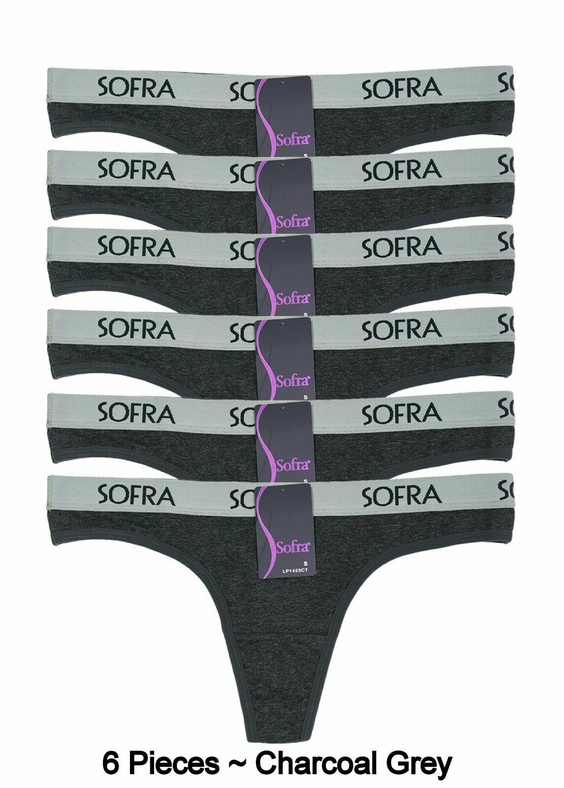 XL ~ 6 Pack Women’s Charcoal Heather Grey Cotton Thong Panties Underwear LP1423