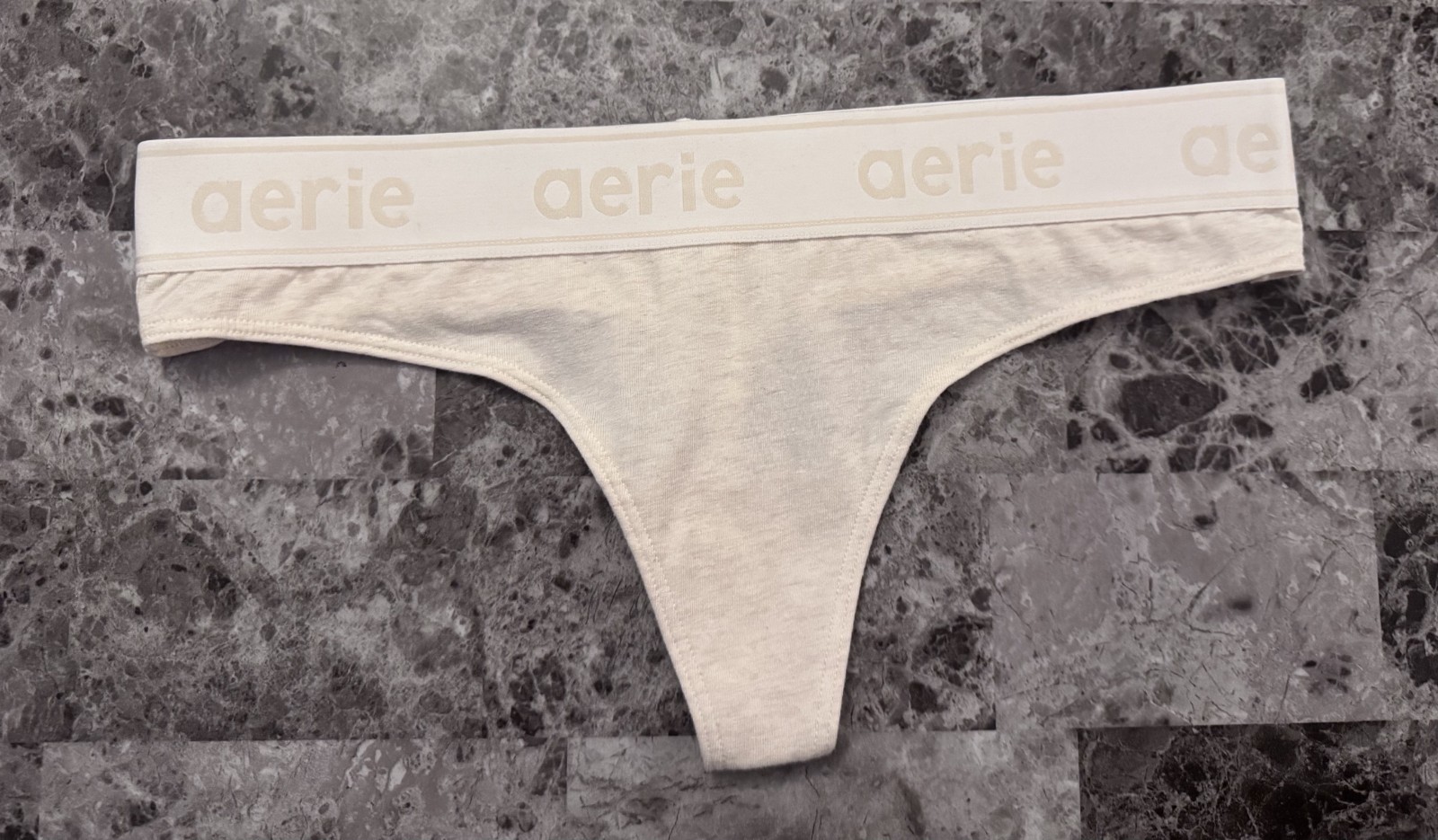 NWT AERIE AMERICAN EAGLE MEDIUM BEIGE NUDE LOGO THICK WAISTBAND THONG PANTIES