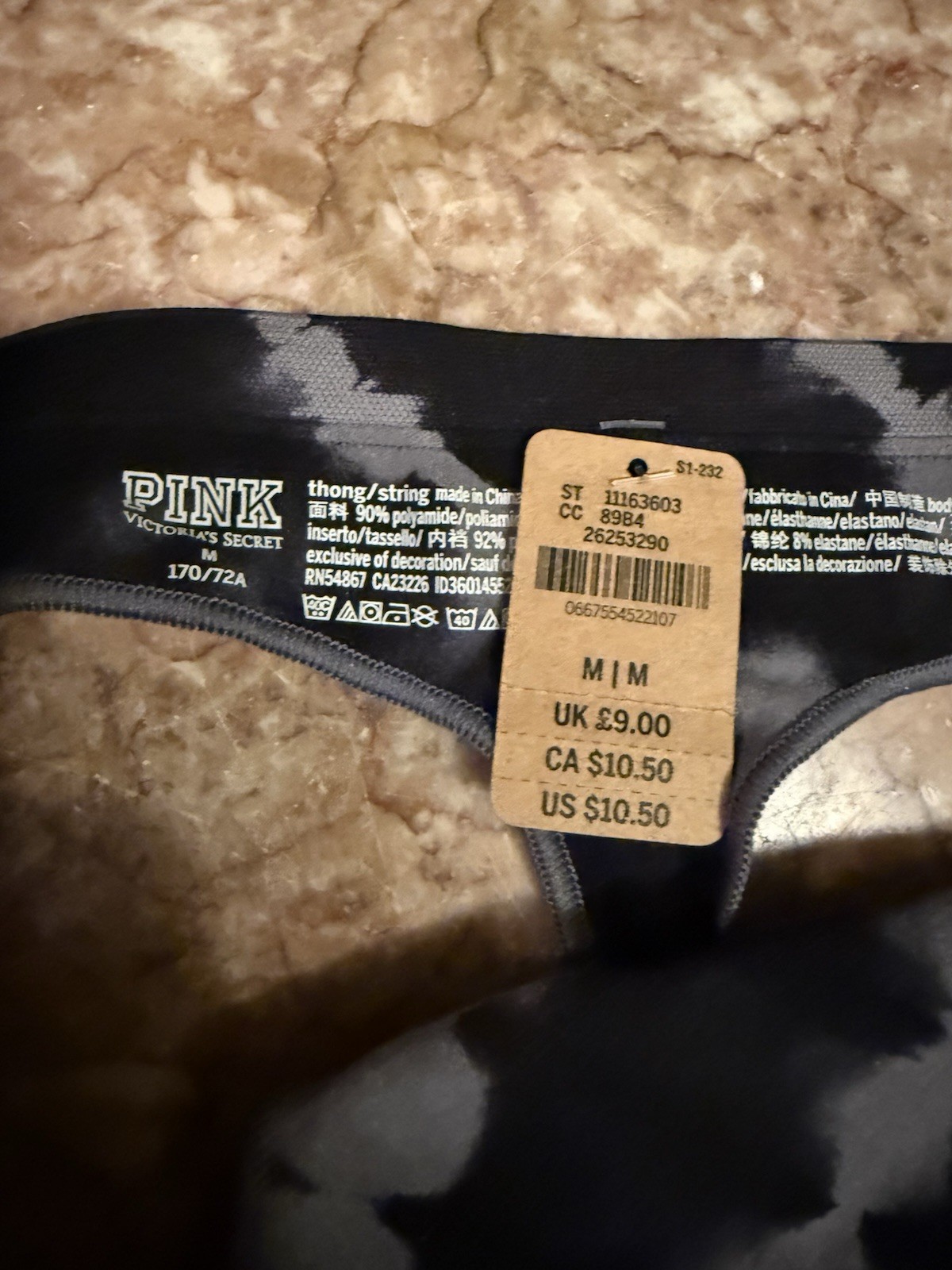 NWT VICTORIA’S SECRET PINK Medium BLACK GRAY TIE DYE LOGO SEAMLESS THONG PANTIES