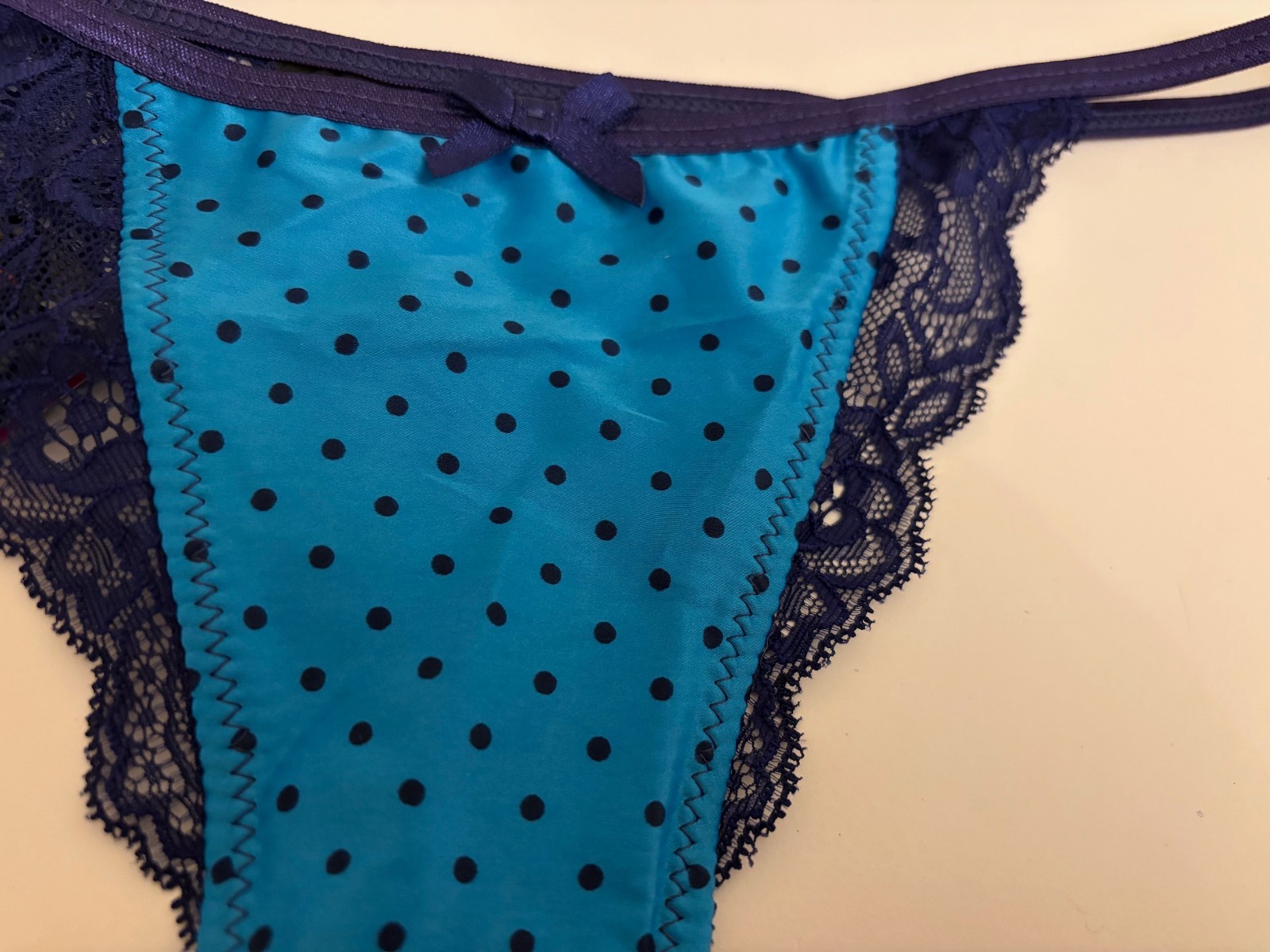 Bnwt La Senza Satin Lace Thong 8 10 12 14 16 Navy Turquoise Spot Print