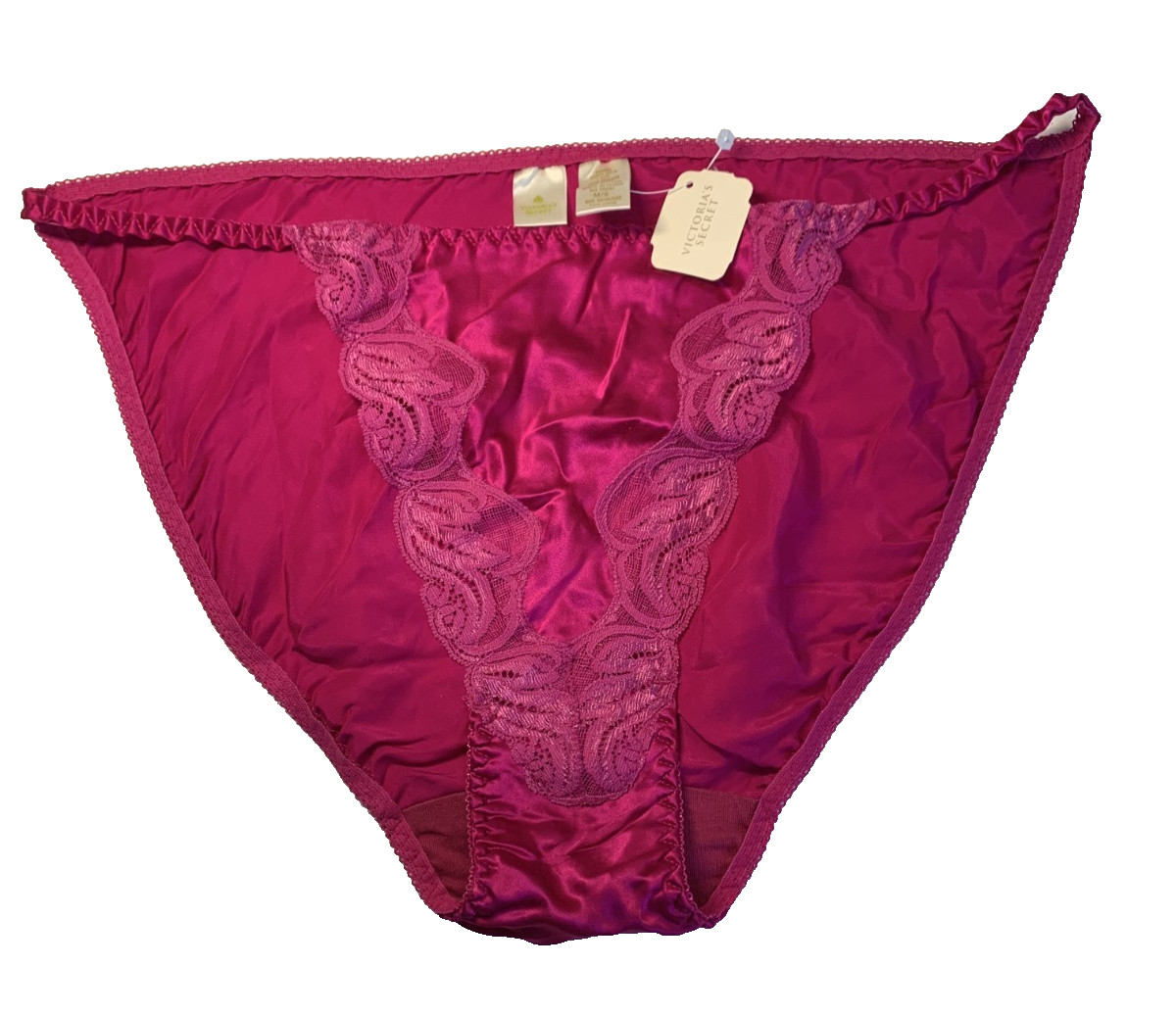 NWT Victoria’s Secret Vtg Hot Pink 100% Silk & Lace String Bikini Panties Sz M/6