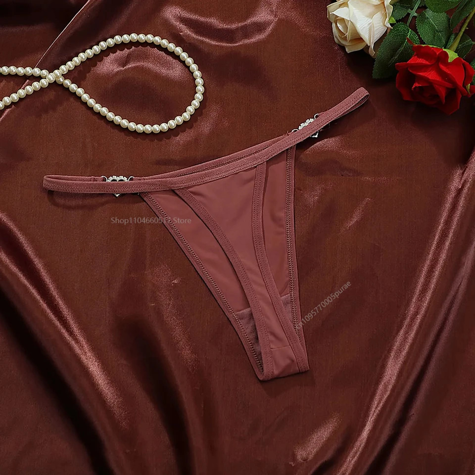 Solid Thong Panties Low Rise Heart Rhinestone Link Stretch Soft Lingerie Women