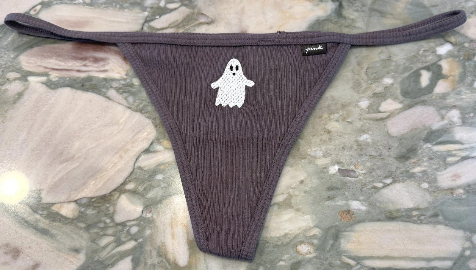 NEW Victoria Secret PINK Ribbed Cotton V-String – Gray Ghost Embroidery – XXL