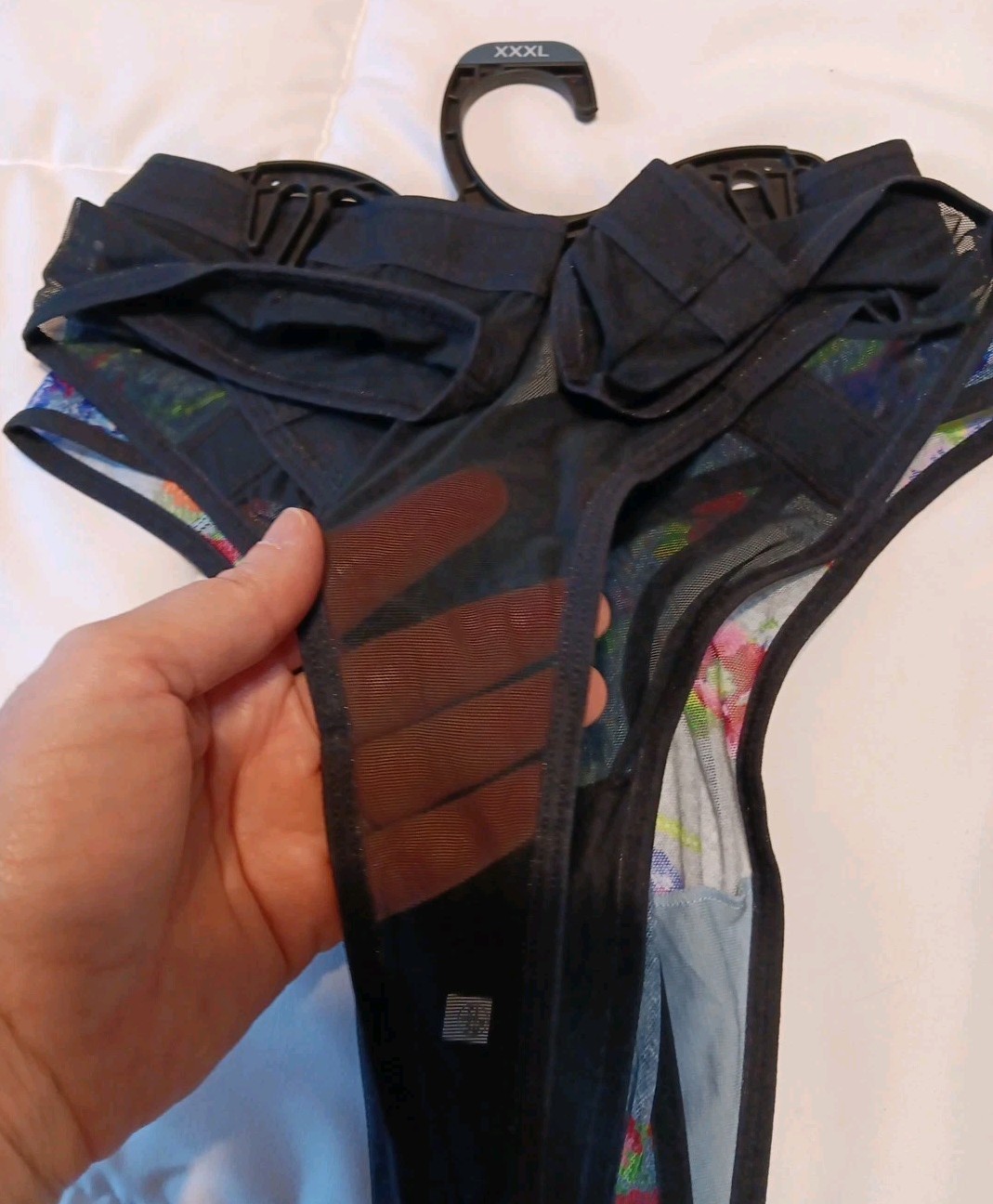 NWT 2-Pack Mesh Thong Panties, Parade XXXL, Black, Blue Floral, Crisscross Front