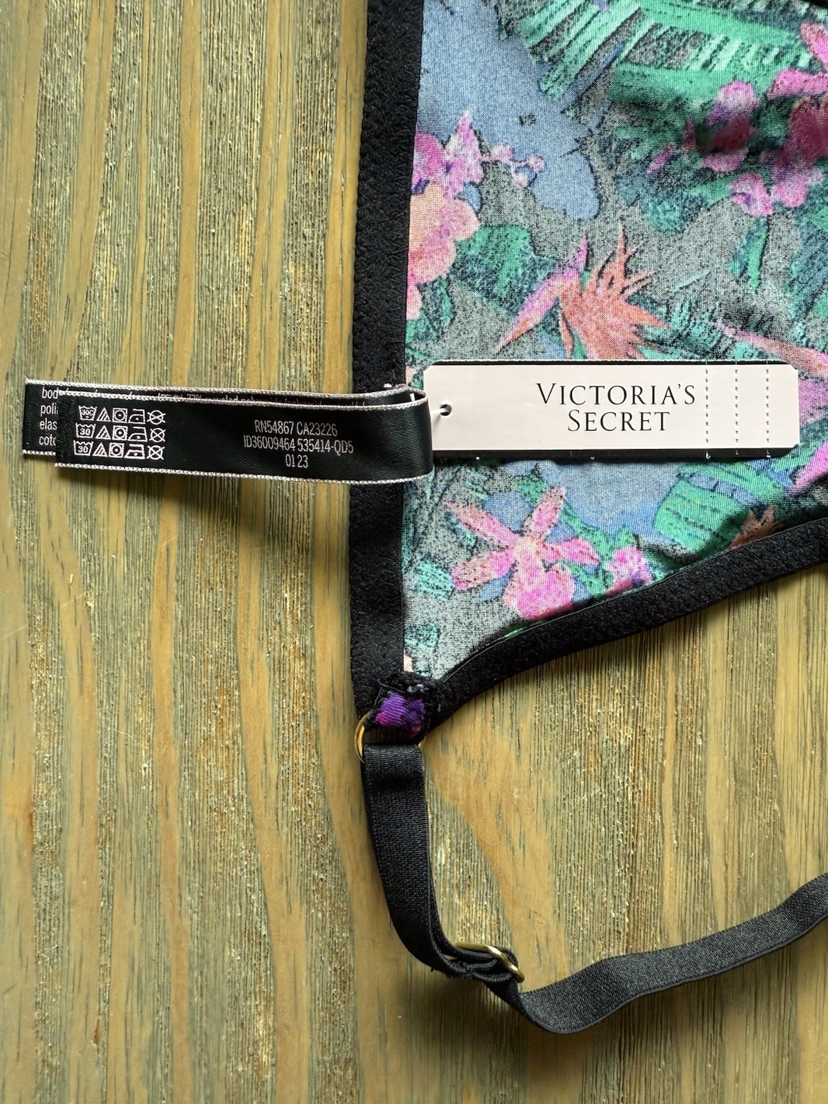 Victoria’s Secret Bright Tropical Black Satin Very Sexy V-String Thong Panty M