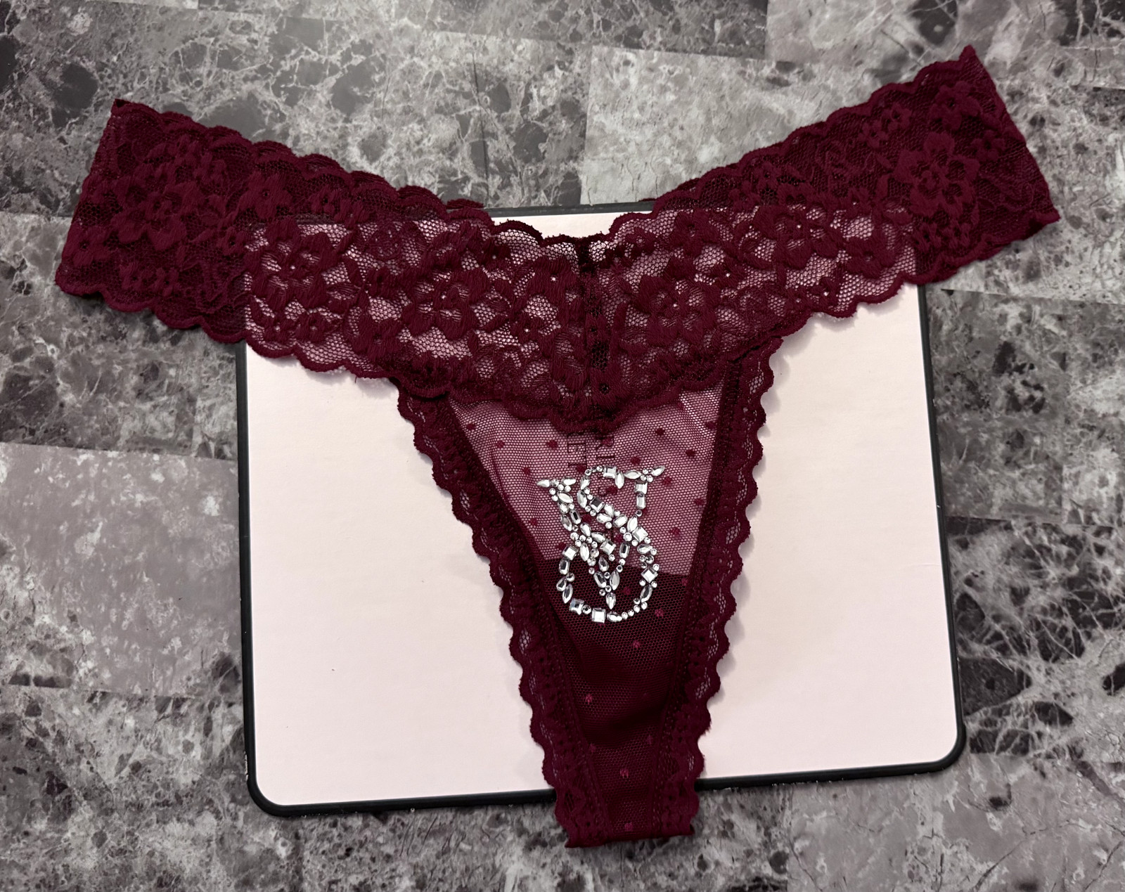 VICTORIA’S SECRET MAROON DOTTED MESH LACE RHINESTONE LOGO LACIE THONG PANTIES