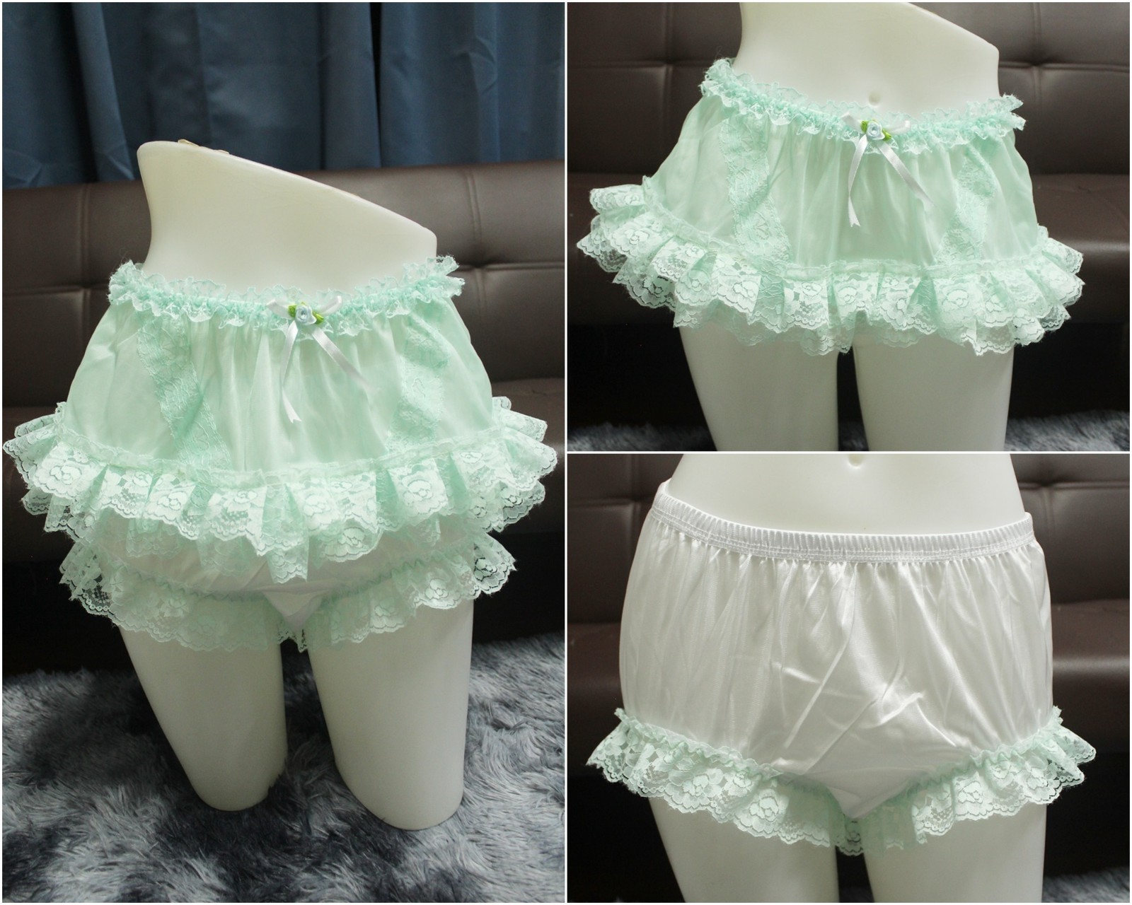 #A324 2XL/ElasticW.24-42″ Vintage Style 2PCS Green Nylon Half Slip + White Brief