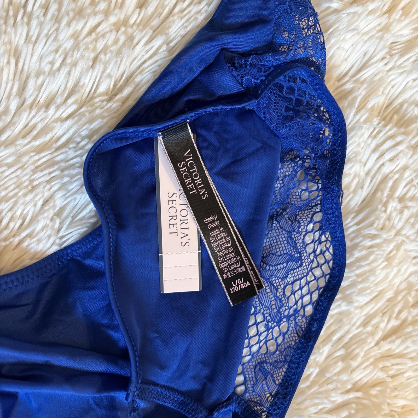 VICTORIA’S SECRET 1 FISHNET LACE SATIN CHEEKY PANTY 1 Plain Front NWT Large