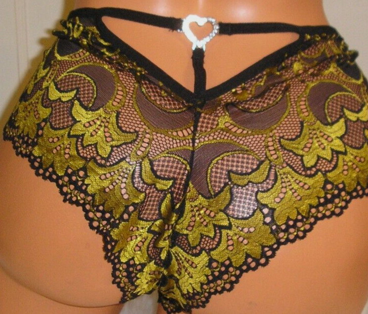 Black Gold Lace Heart Accent Strap Back Panties Lingerie, 3X Adult Gift
