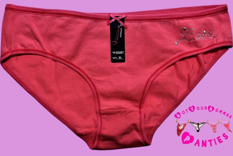 VISION INTIMATE everyday solid coral, hi-cut briefs w/”LOVE” in rhinestones [XL]