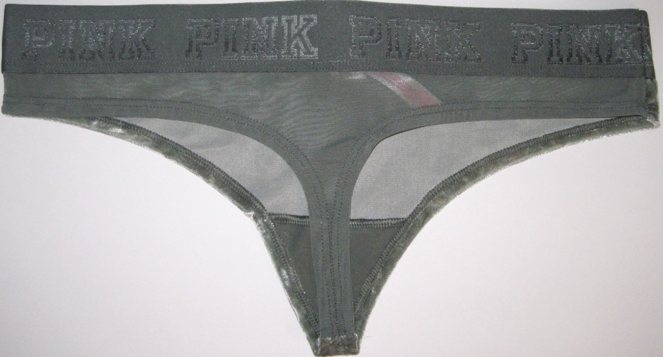 NWT VICTORIA’S SECRET PINK OLIVE GREEN CRUSHED VELVET VELOUR MESH THONG PANTIES