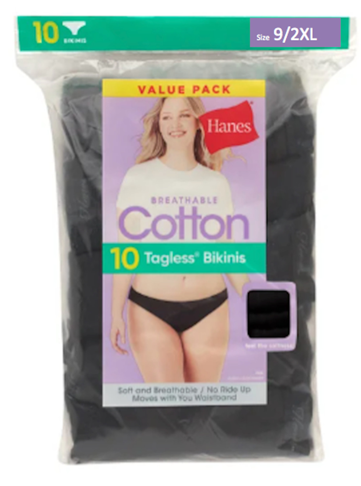 10-Pk Hanes Womens Black Bikini Breathable 100% Cotton Tagless Briefs Size 9/2XL