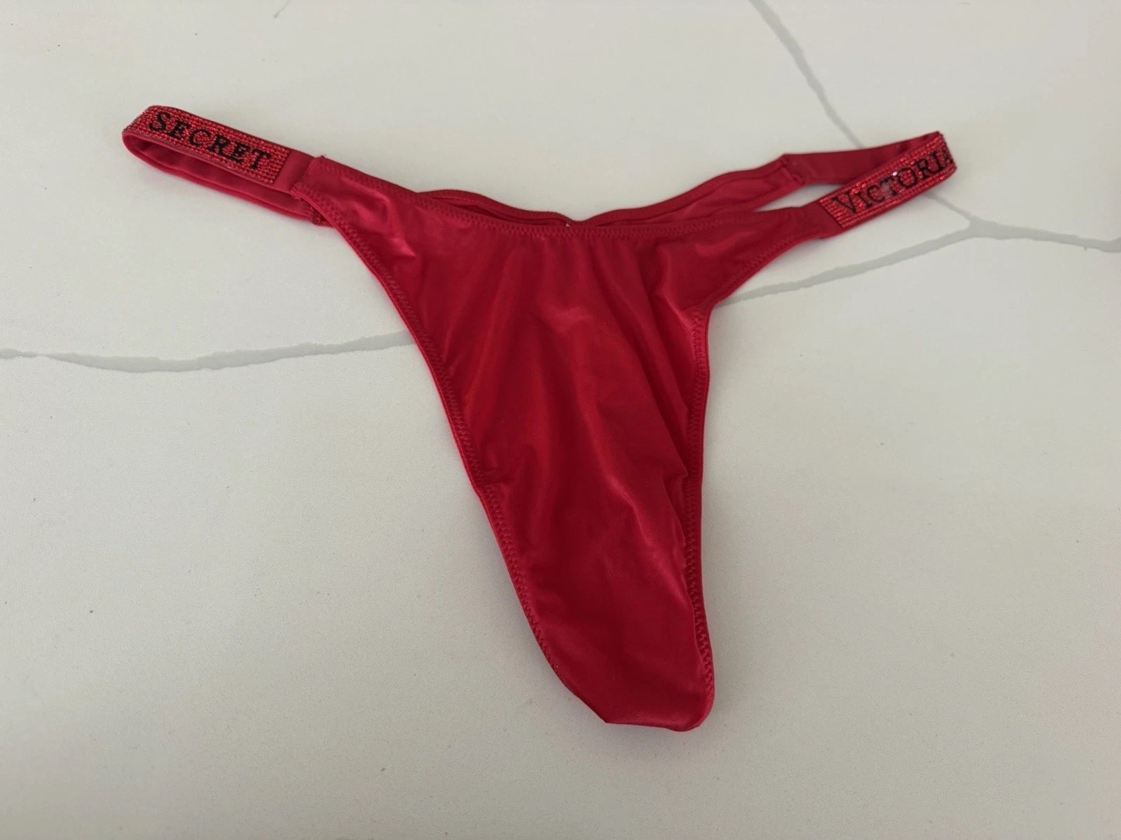 Victoria’s Secret VERY SEXY Thong Panty Logo Shine Strap Red Satin XL NWT