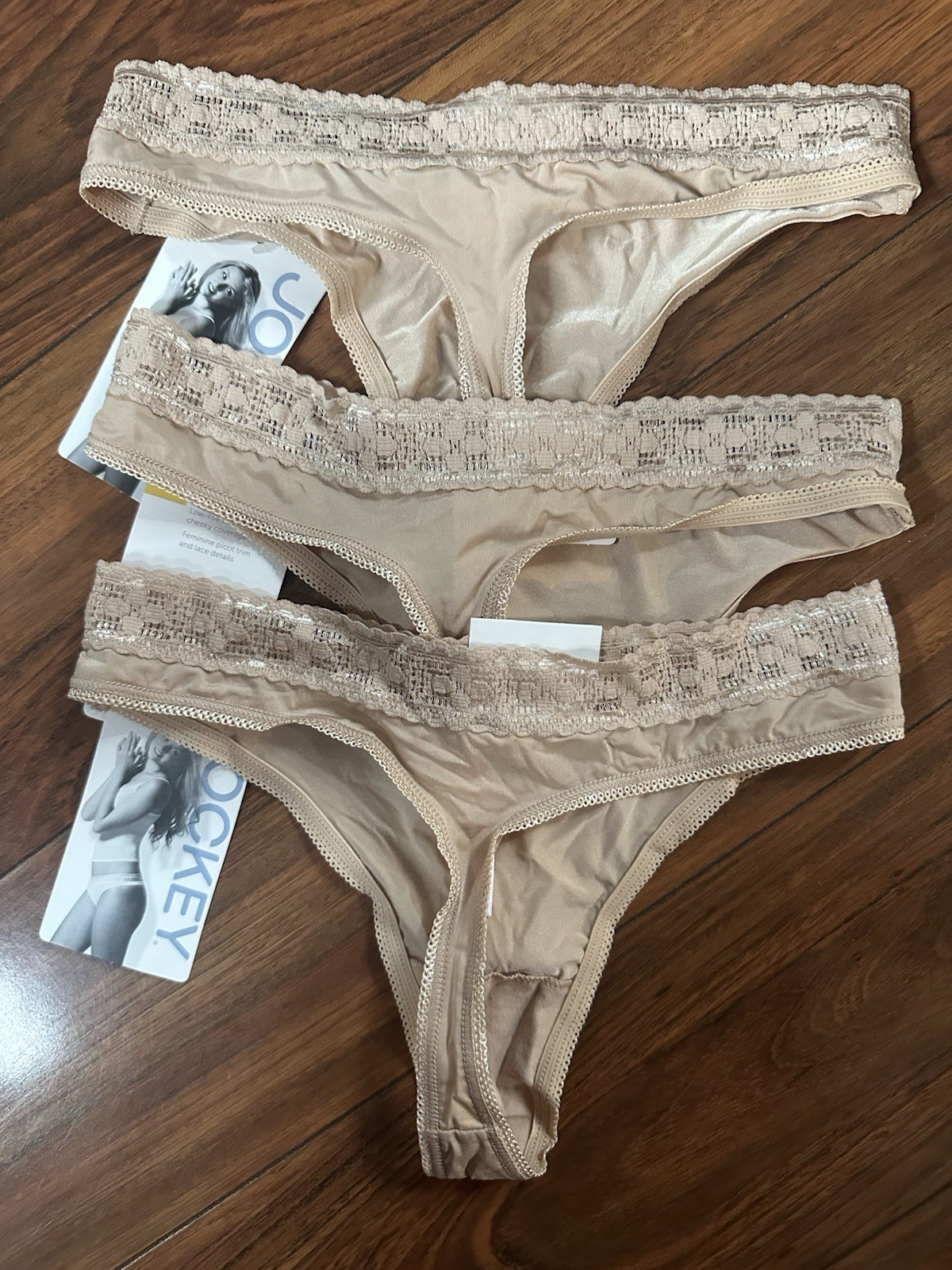 3 RACHEL ZOE Jockey Women’s Small Thong Panties Beige Microfiber Stretch