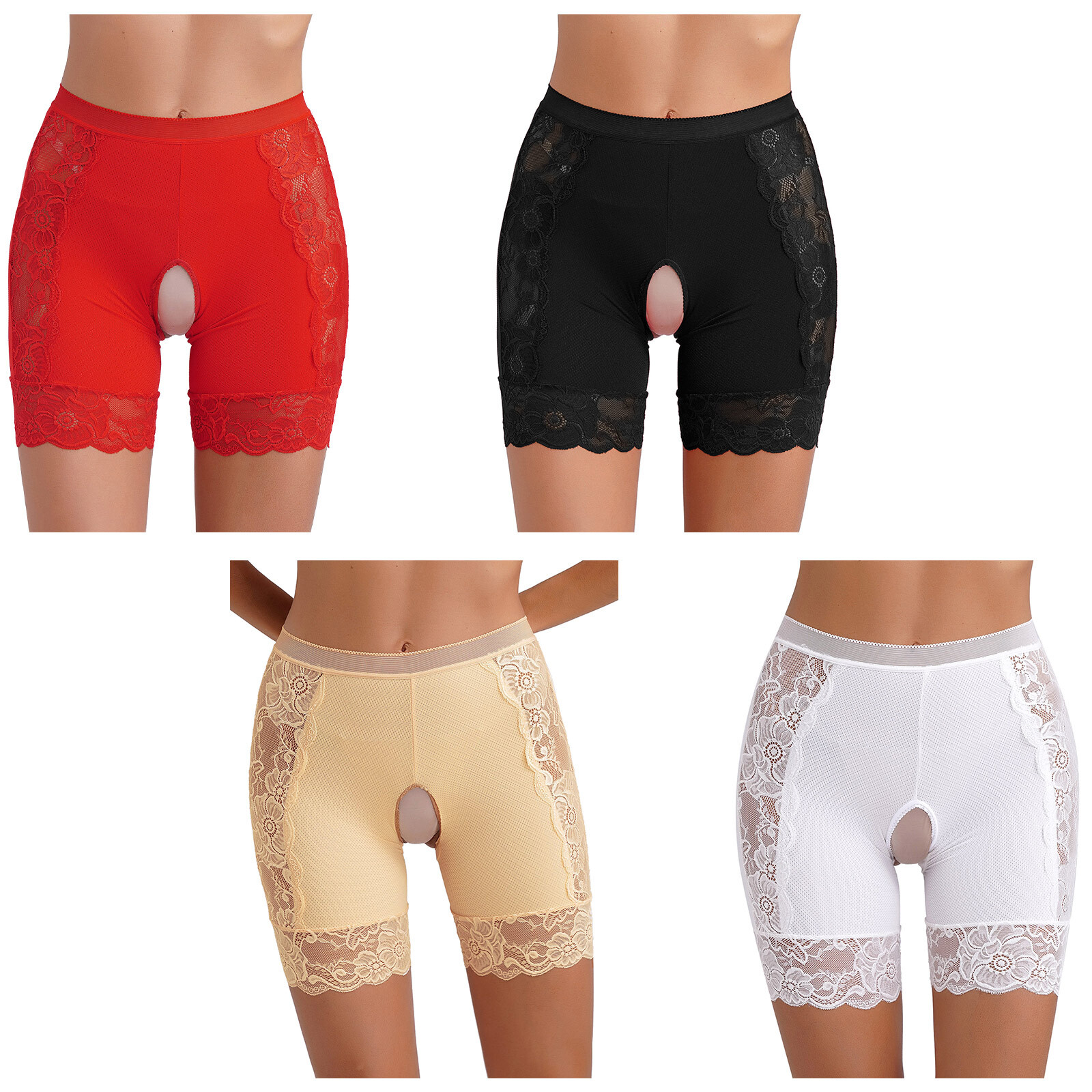 US Womens Crotchless Shorts Lace Trimming Underwear See Through High Waist Pants