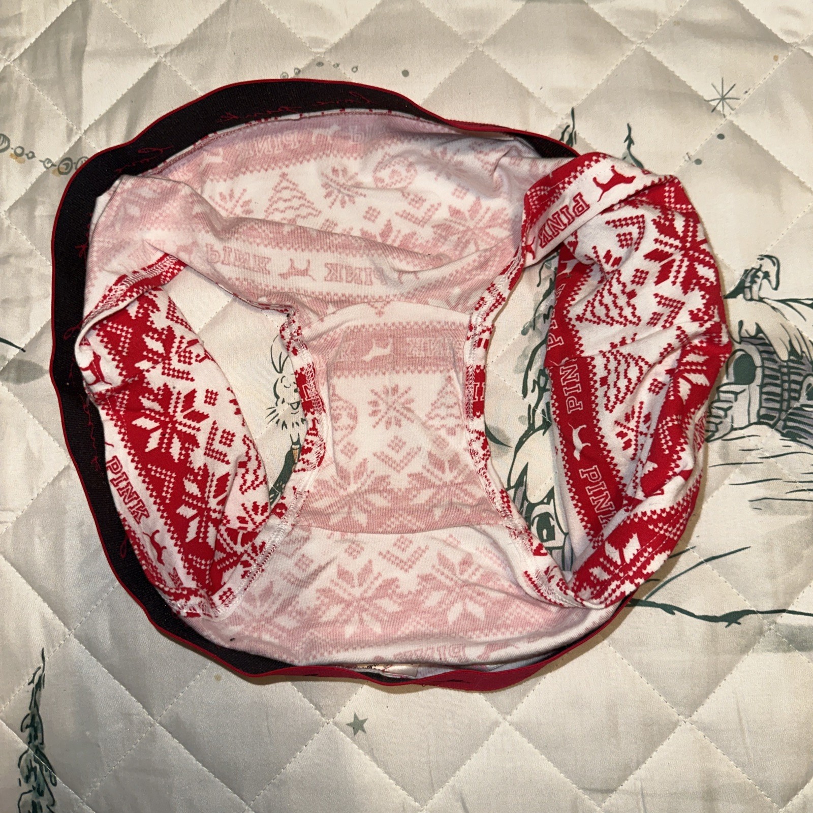 Victoria’s Secret PINK LOGO SHORTIE BOYSHORTS Red White Fair Isle Panty Large