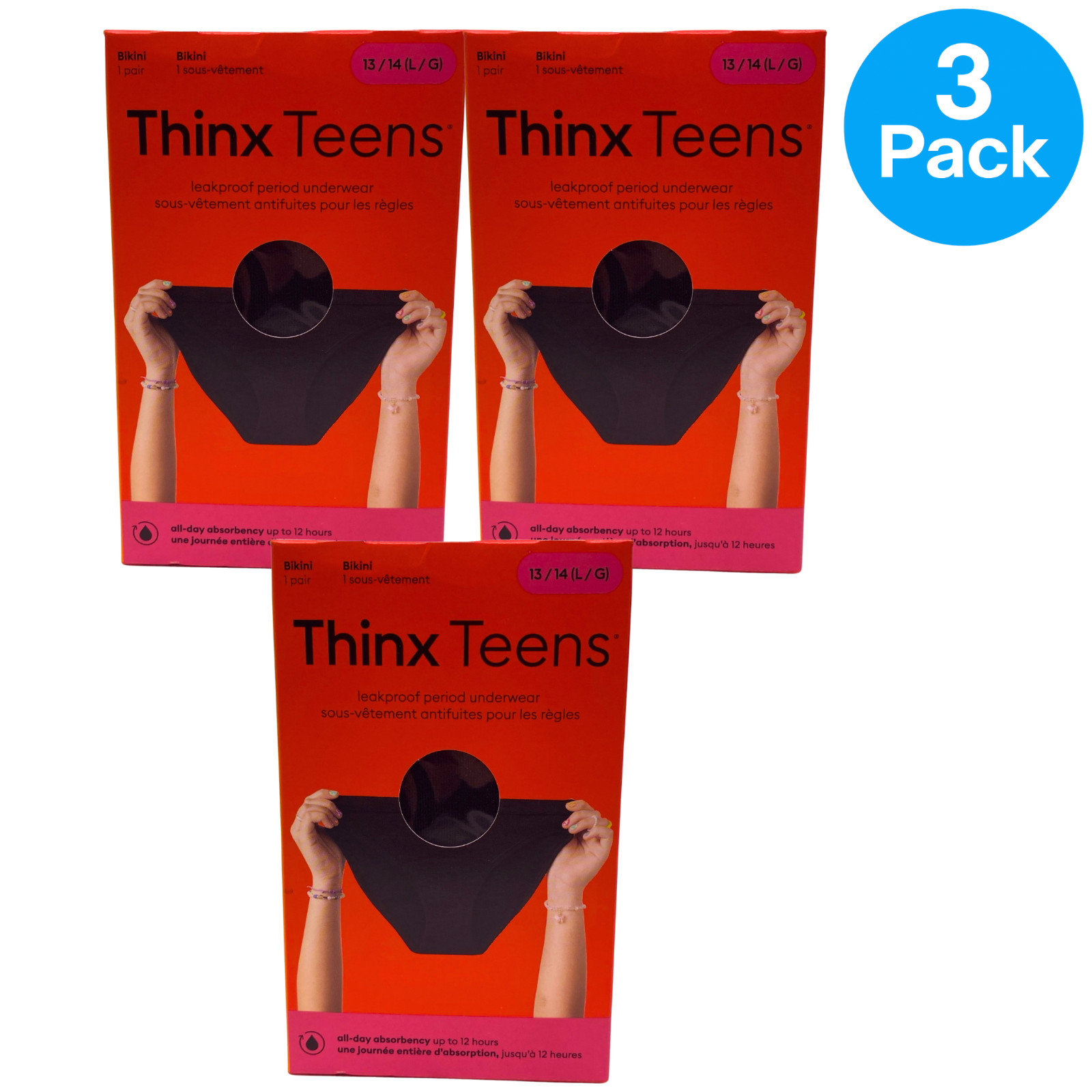 Thinx Teens Leakproof Period Underwear Bikini Black Size 13/14 L/G 3 Pack Lot