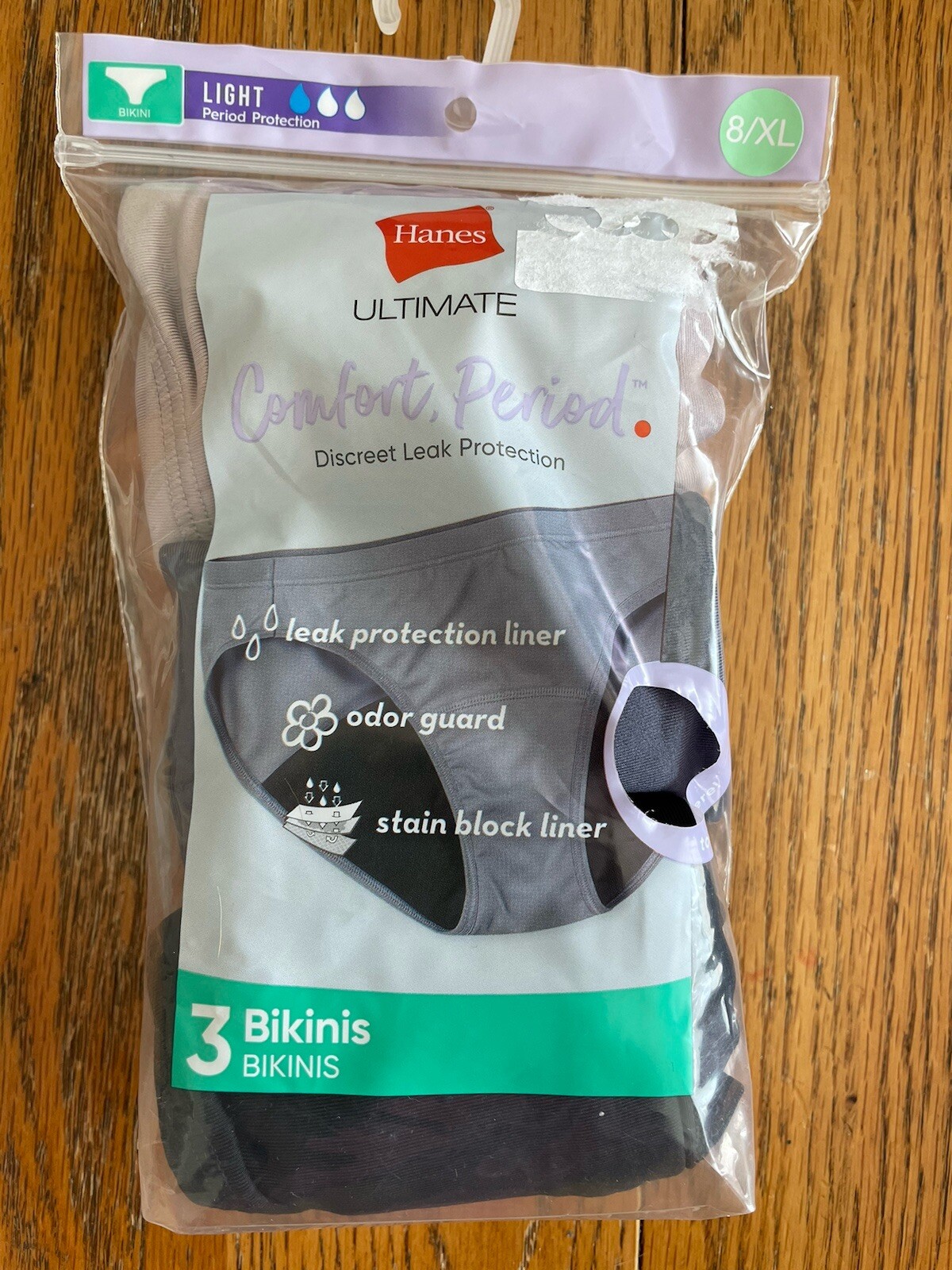 Hanes Ultimate BIKINIS Light Comfort Period Protection 3-Pack Panties Size 8/XL