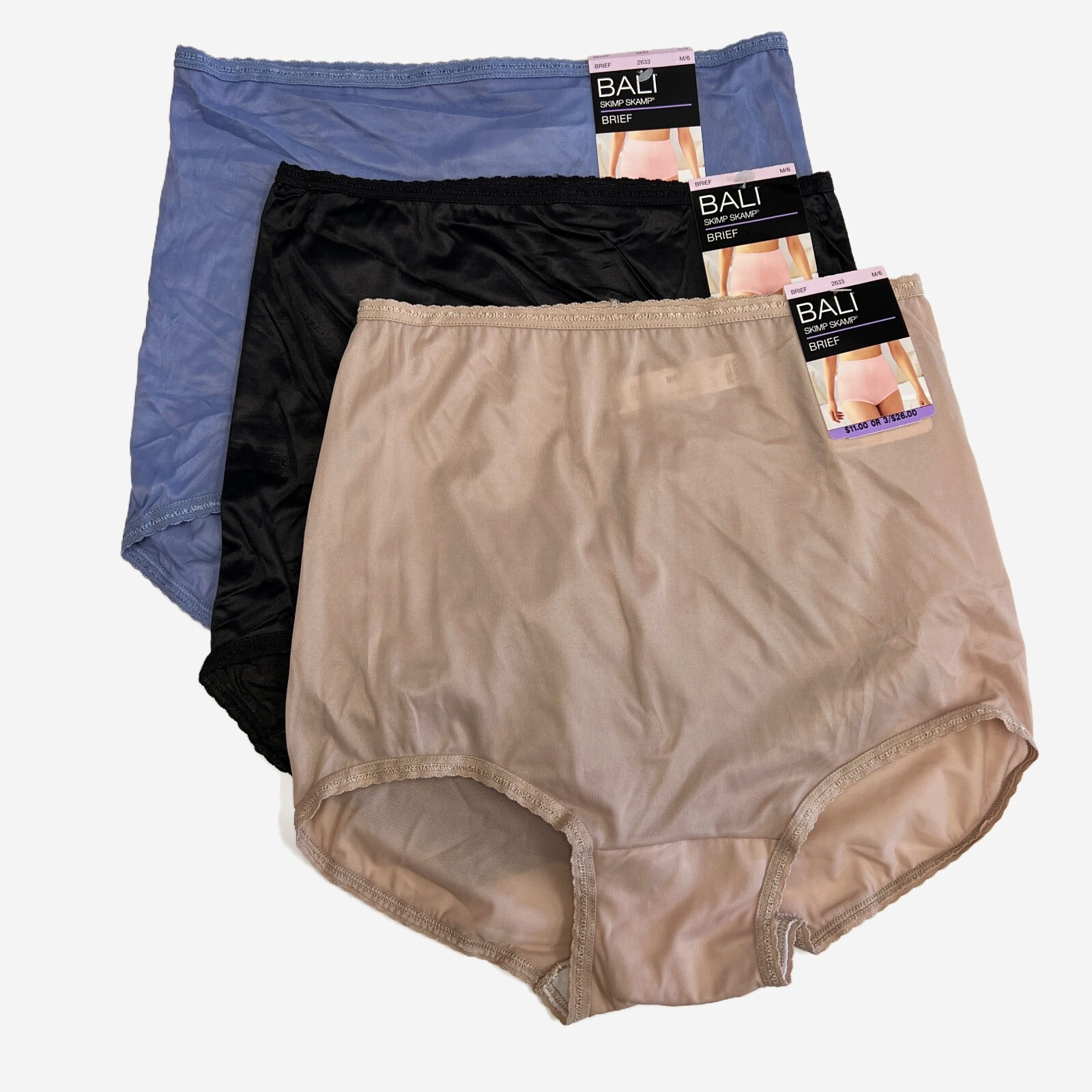 3 Bali Skimp Skamp Brief Panty M 6 MEDIUM Full Coverage Nylon Panties NWT 2633