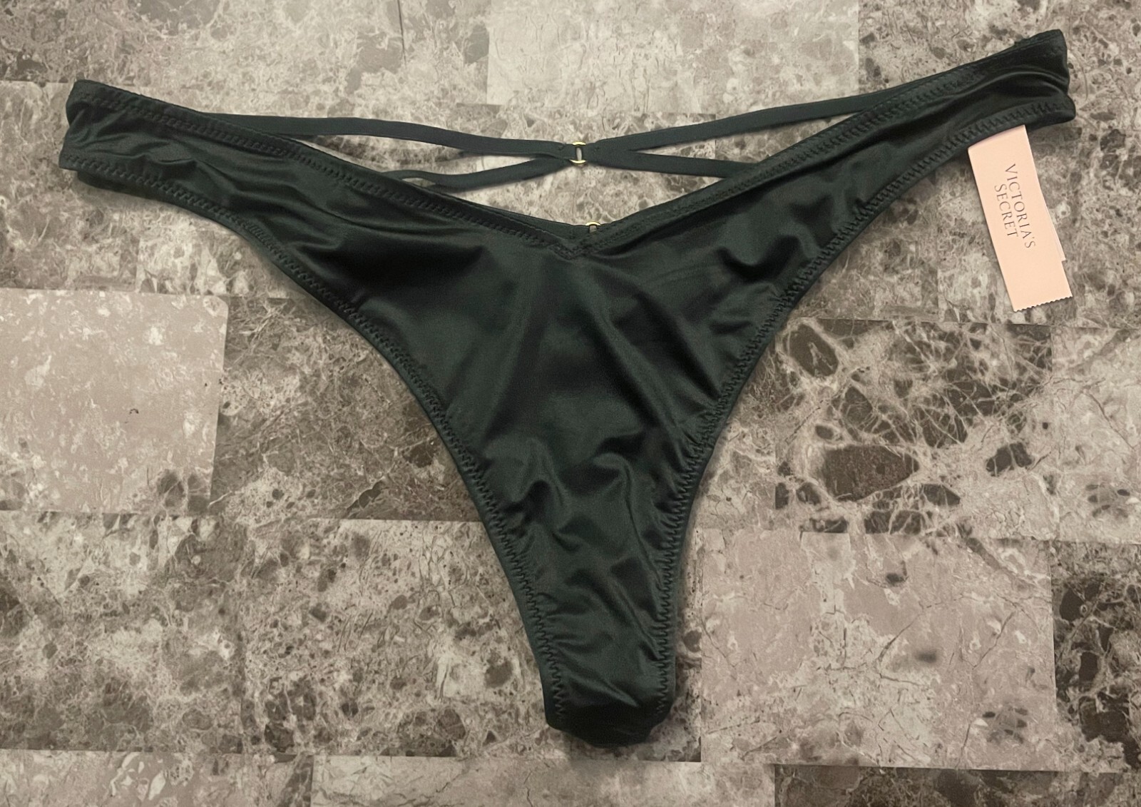 VICTORIA’S SECRET DARK GREEN SATIN SMOOTH STRAPPY BACK HIGH LEG THONG PANTIES