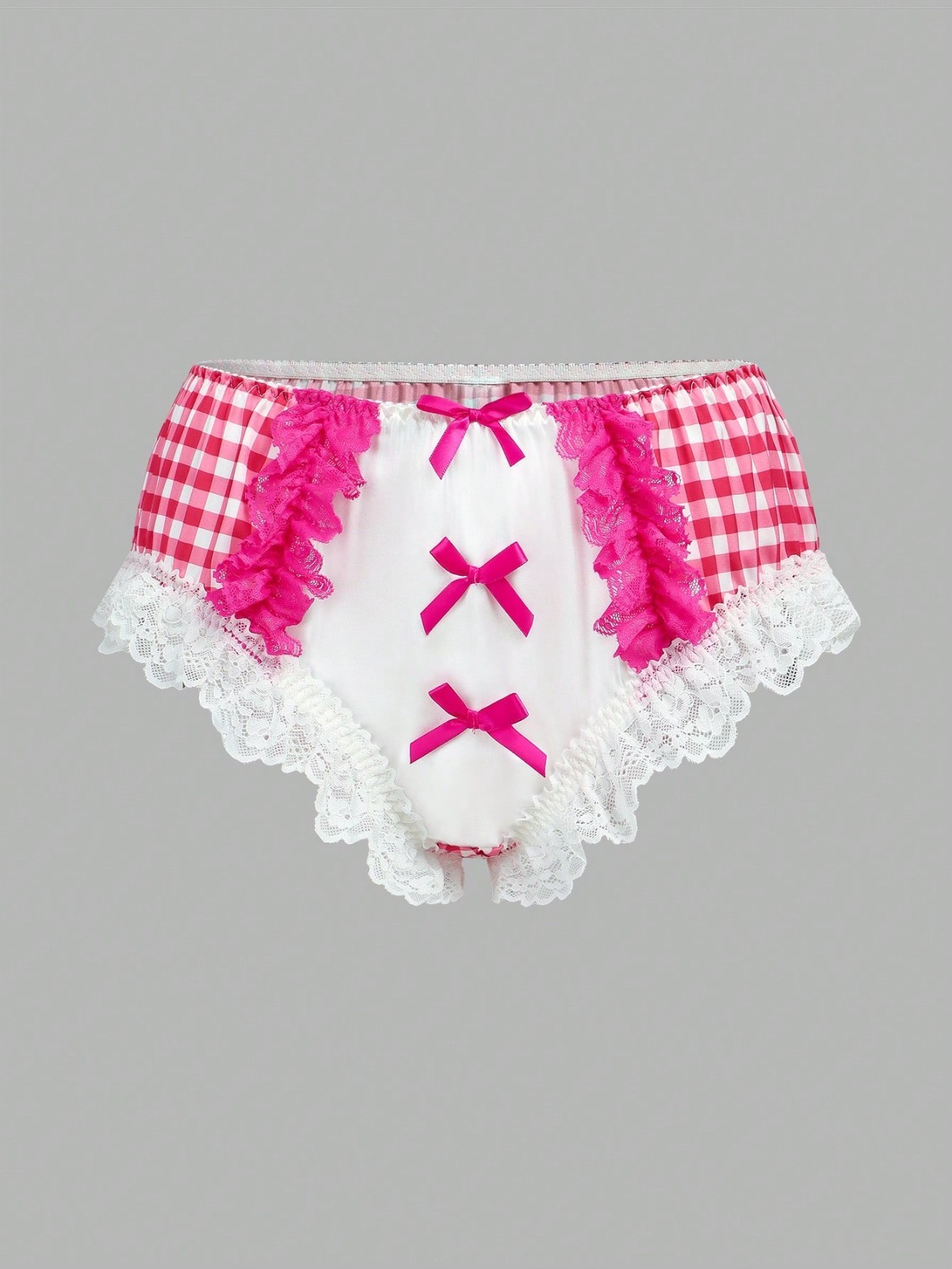 M Cute Gingham Brief Kawaii Satin Lingerie Sissy High Waist Lace Comfy Women