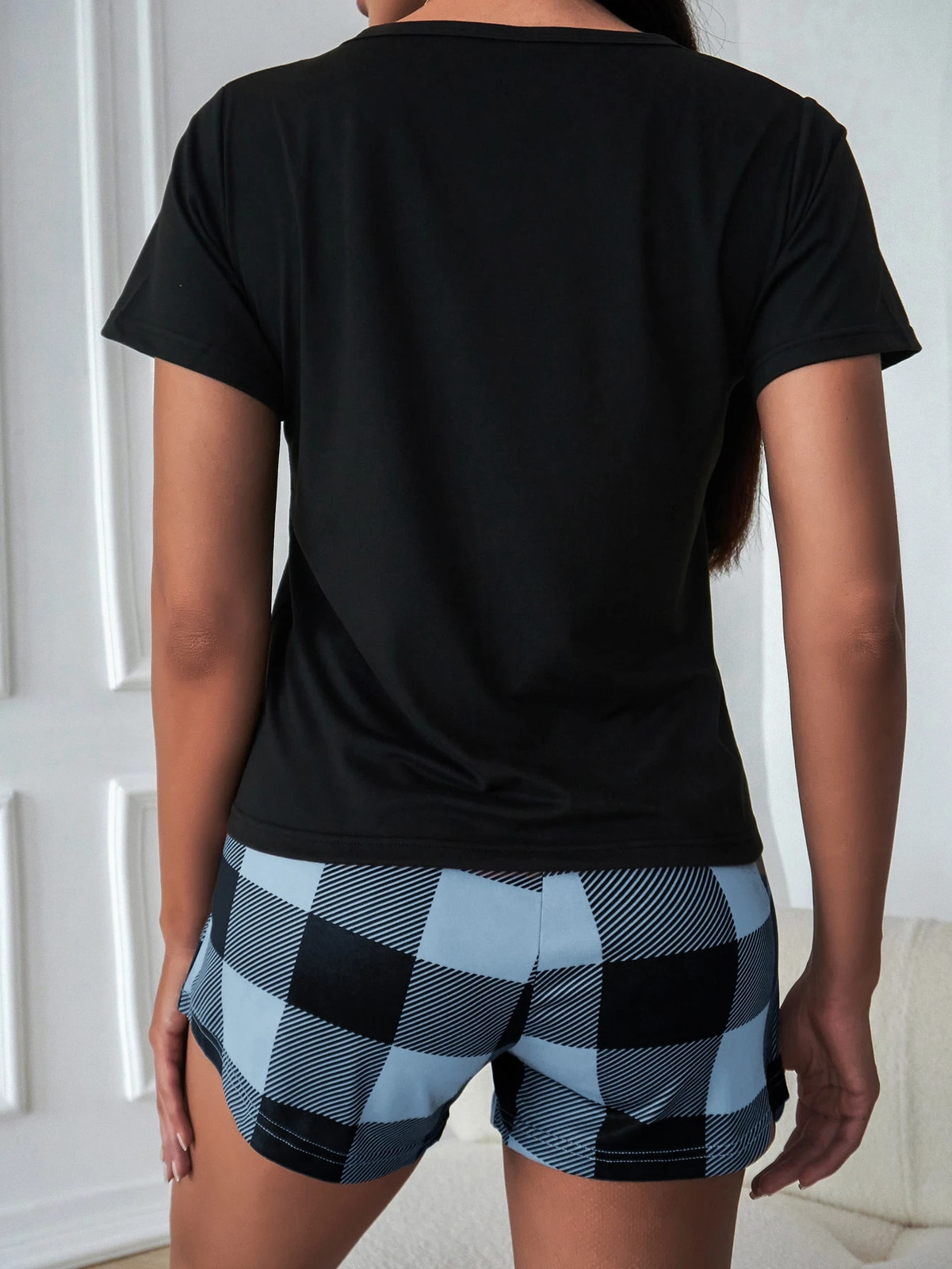 Ladies Comfy Pyjama Set With T Shirt And Checked Shorts Cheap24
