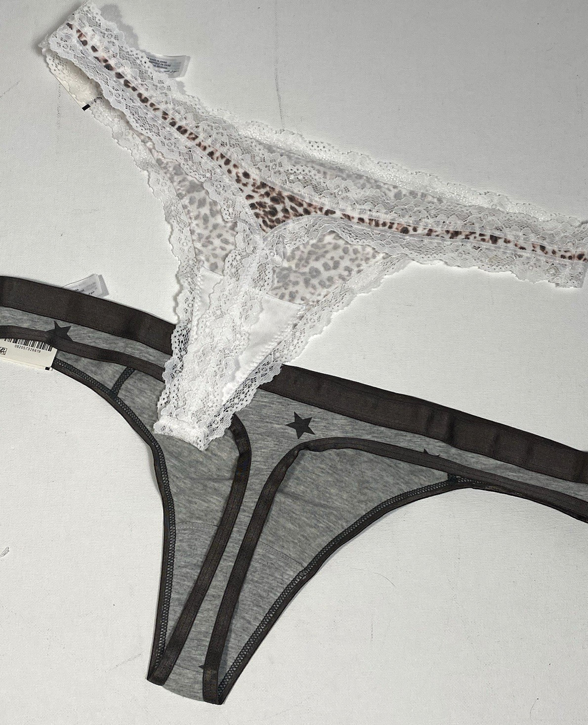 2 Pairs Jenni Thong Panties Womens XL X-Large Gray w/Stars & Leopard w/Lace trim