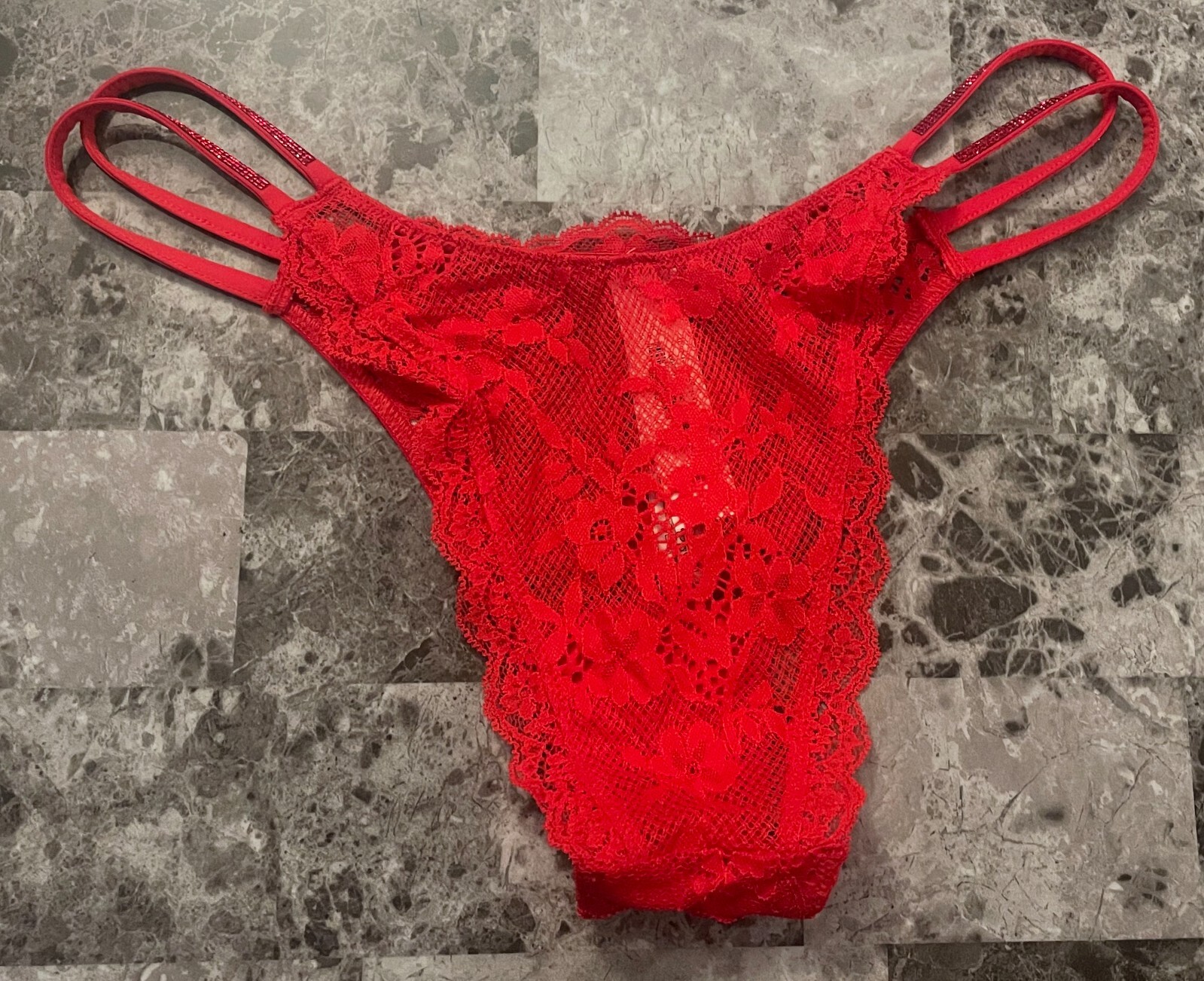 VICTORIA’S SECRET RED ROSE APPLIQUE LACE SHINE STRAP STRAPPY BRAZILIAN PANTIES