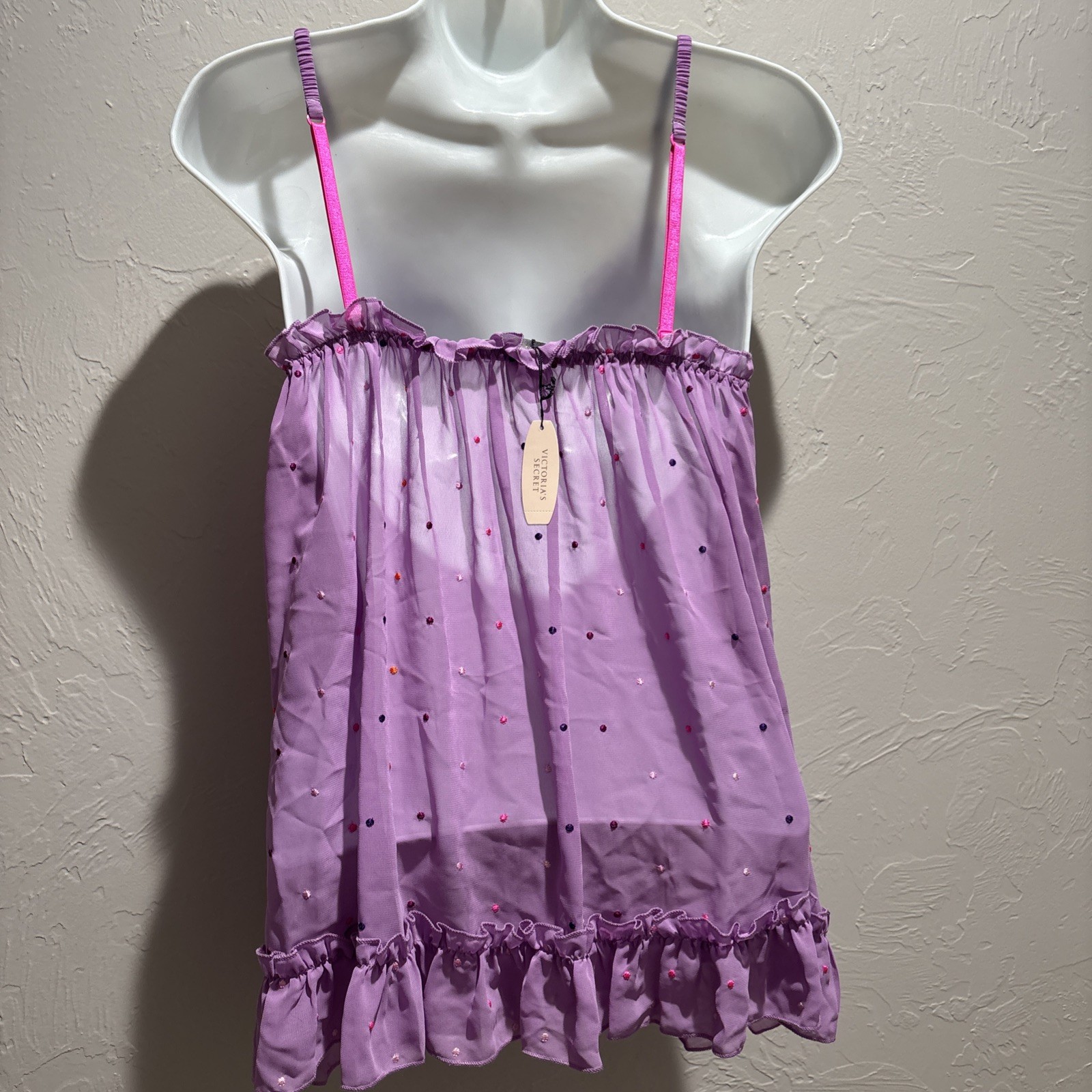 Victoria Secret Embroidered Polka Dot Babydoll & Panty -purple lavender S/P NWT