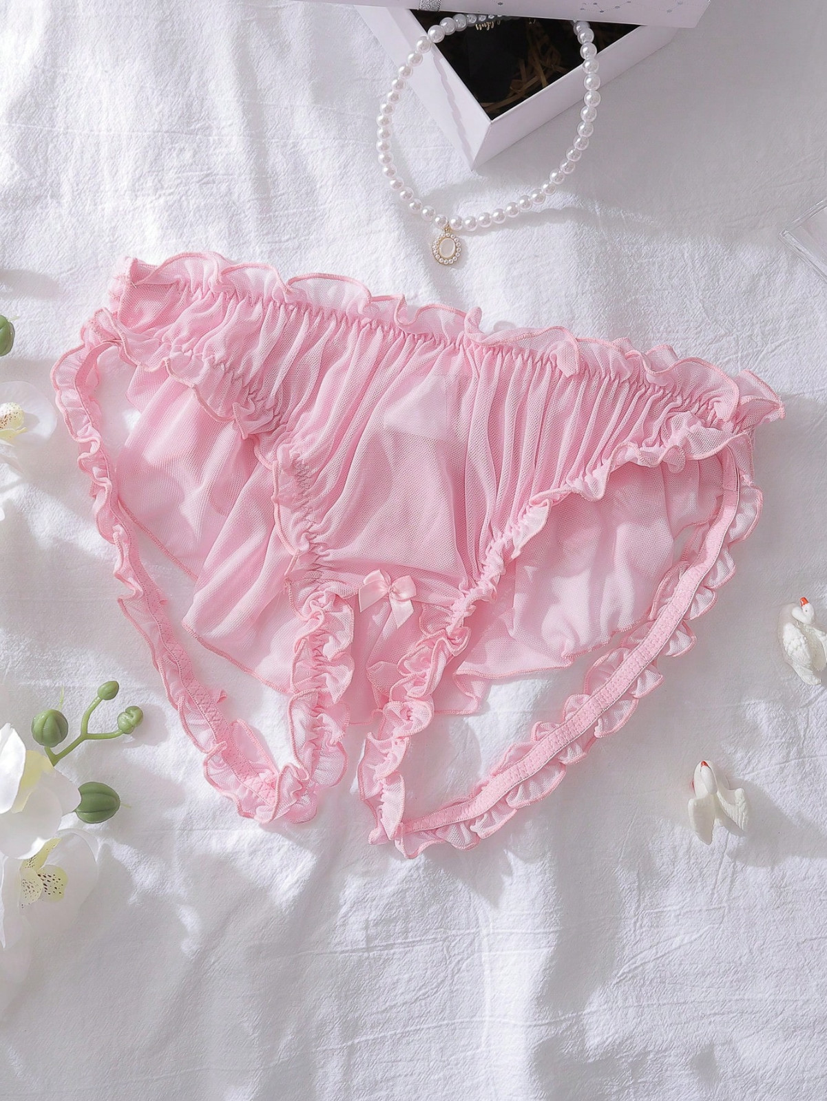 Women’s Pink Mesh Front Hole Open Back Backless Gay Ruffle Sissy Bikini Panty