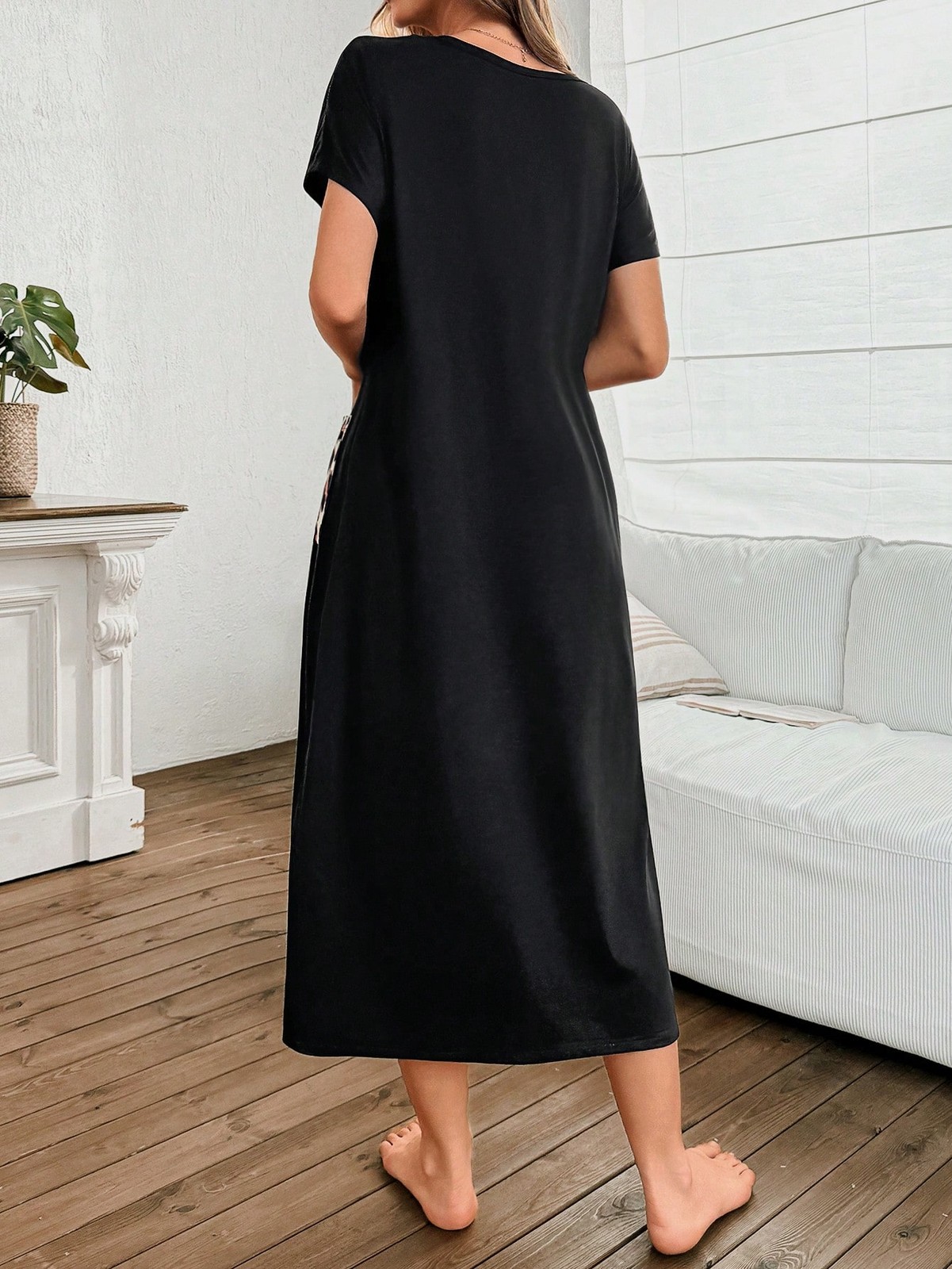 Ladies Casual Leopard Patchwork V Neck Midi T Shirt Dress For Cheap24