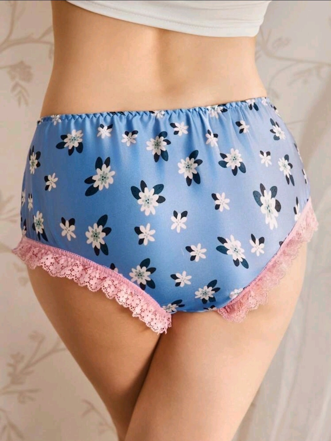 Cute Blue Floral Retro Style Silky Satin Hipster Sissy Panties Knickers XL UK 16