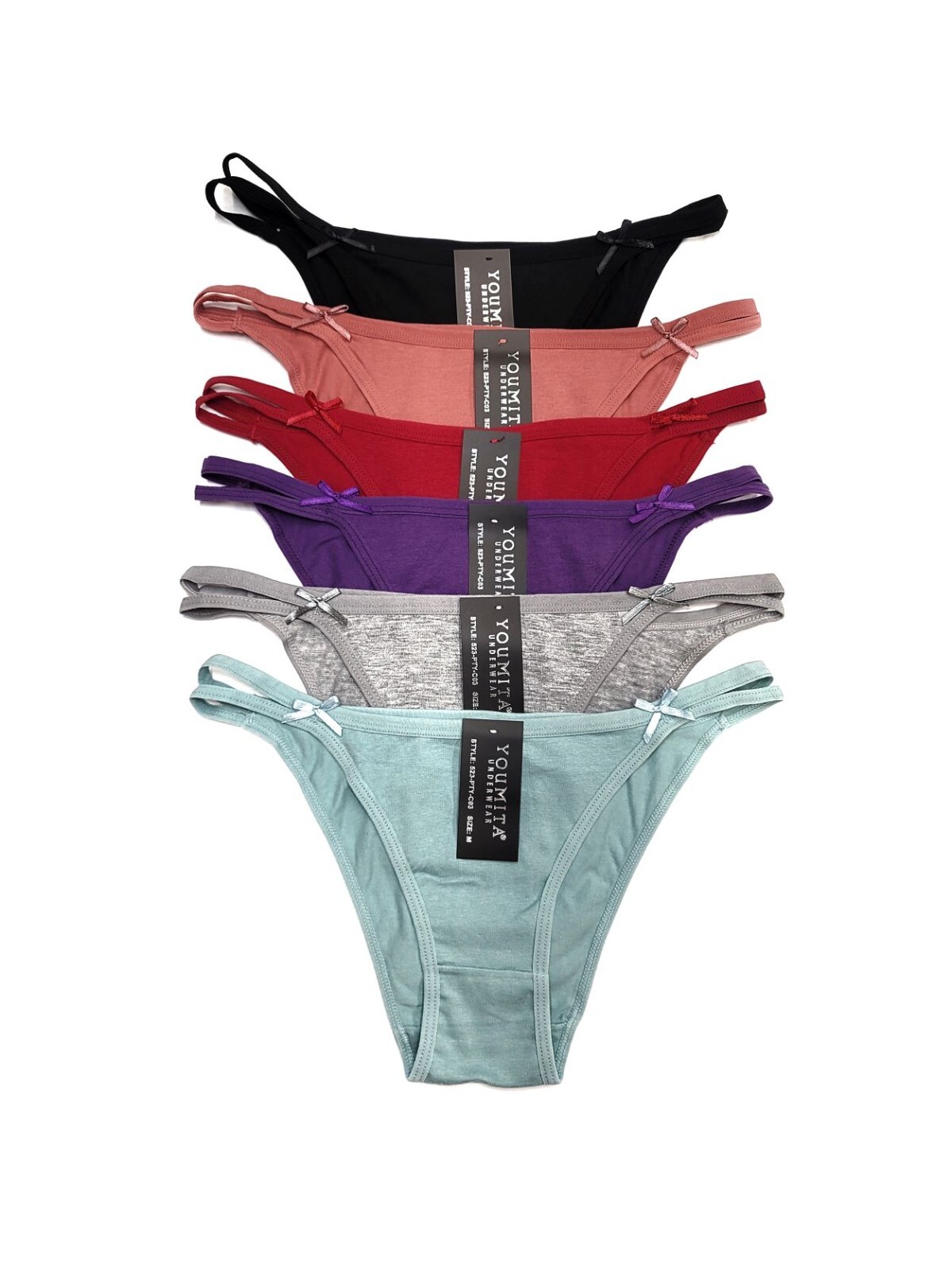 Youmita 6 Pack Cotton Side 2 String Brazilian High Cut Cheeky Hipster Panties