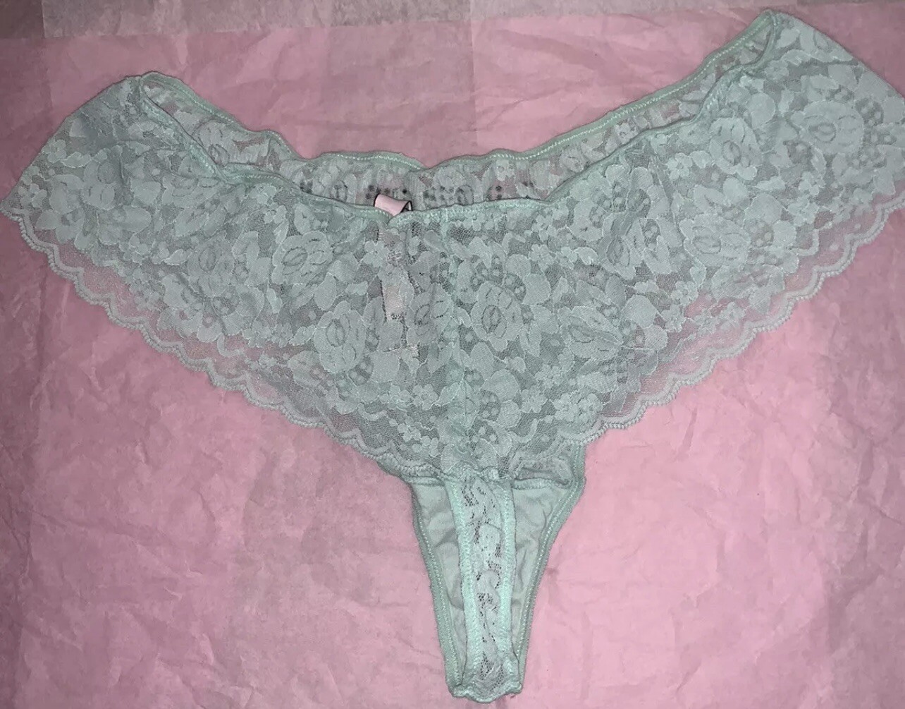 Victorias Secret Thong NWOT Large Jade Green “Queen” Rhinestone Lace Thong