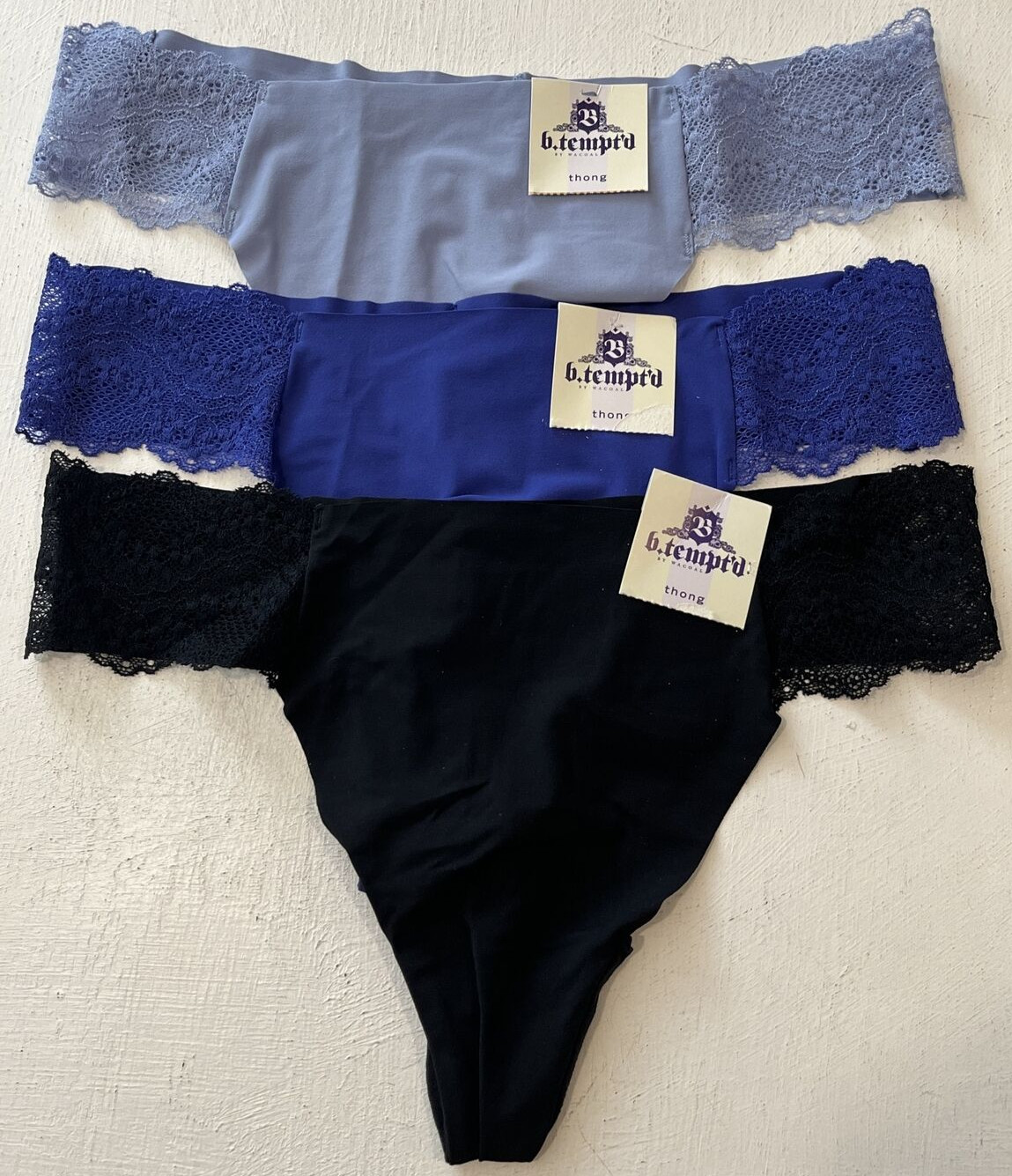 b.tempt’d B.bare 3 Thong Panties Blue Black Light Blue Lace Detail Size Small