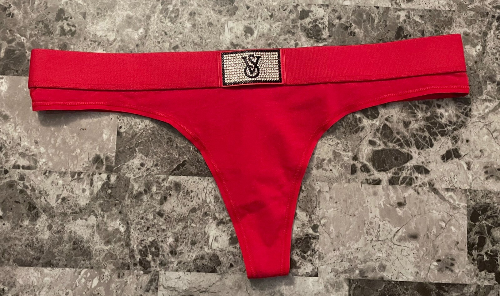 NWT VICTORIA’S SECRET RED SILVER RHINESTONE SHINE THICK WAISTBAND THONG PANTIES