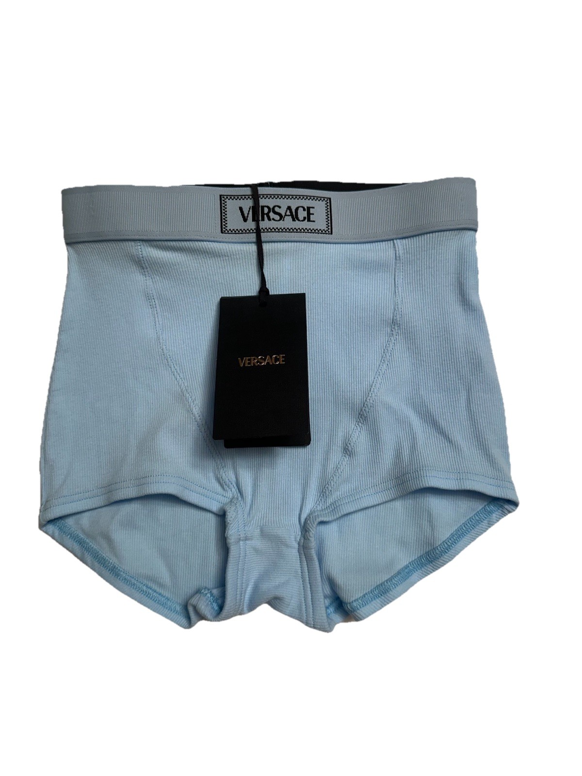 Versace 90s Vintage Logo Ribbed Shorts Light Blue Size 4 NWT Authentic $150