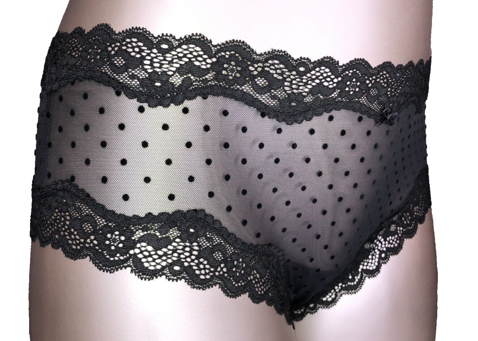 Victoria’s Secret Tease NWT Medium Black Cheeky Panty Sheer Mesh Lace Bow Sexy