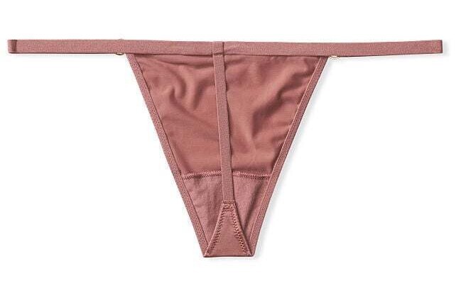 Victorias Secret Vintage Rose Pink V-String Thong Panty M-L Silky Front Metal O