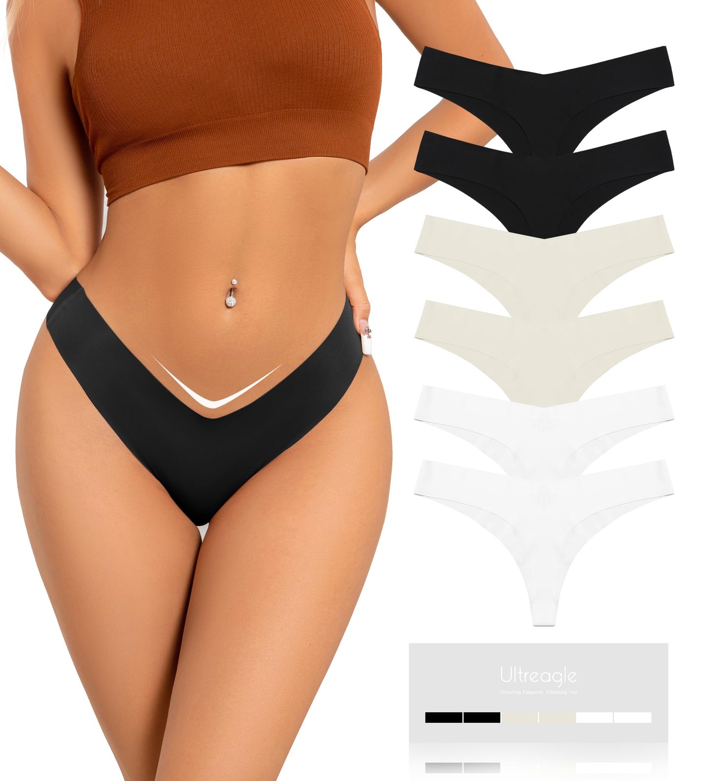 Women’s 6 Pack Seamless No Show Breathable Thong Panties (Black,White,Beige, XL)