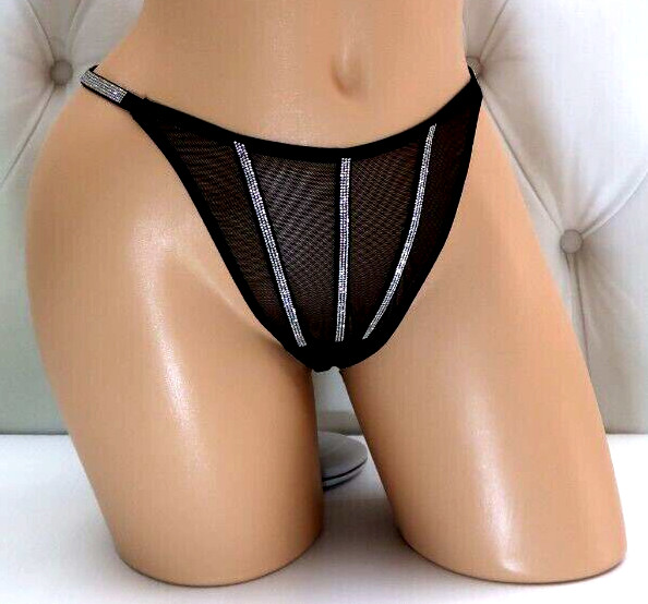 Victoria’s Secret Very Sexy Sheer Rhinestone Shine Thong Panty Black M NEW