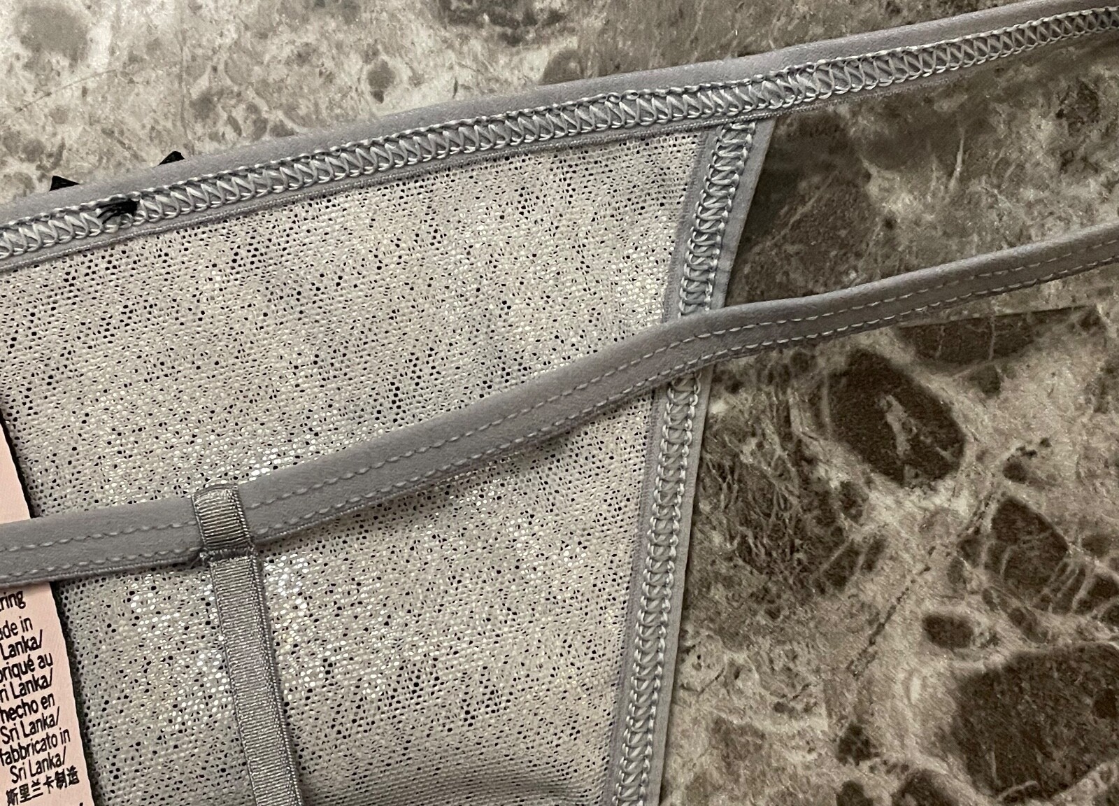 NWOT VICTORIA’S SECRET GRAY SILVER MESH SEQUIN BOW V STRING THONG PANTIES