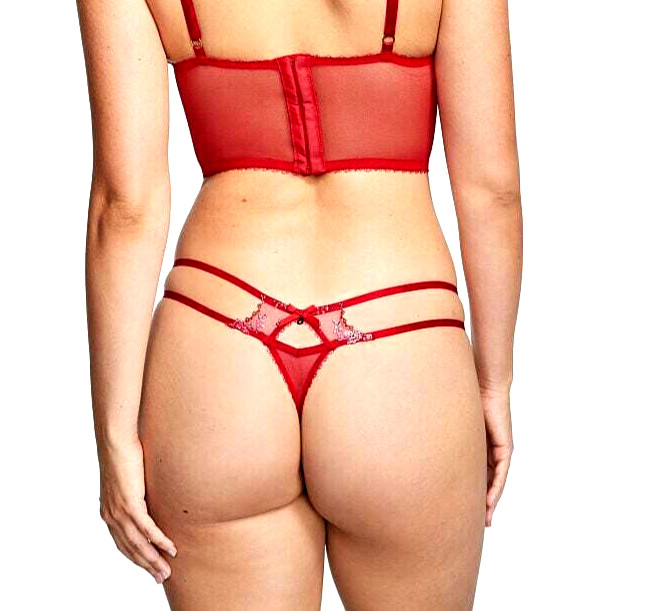 Victorias Secret SEXY Floral Strappy Jewel Mesh Embroidery Thong Panty Red M NWT
