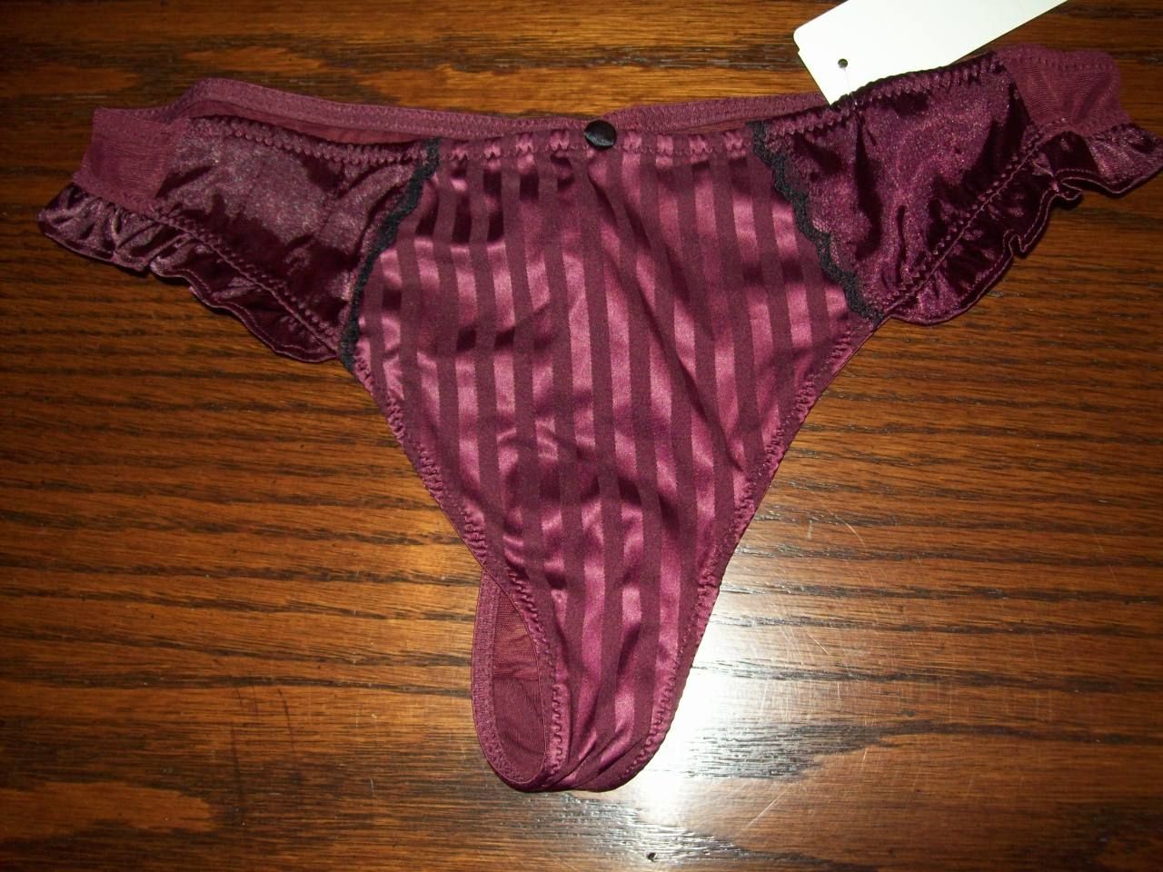 NWT JEZEBEL RETRO STRIPE SATIN THONG PANTIES 90671 DRD BURGUNDY L