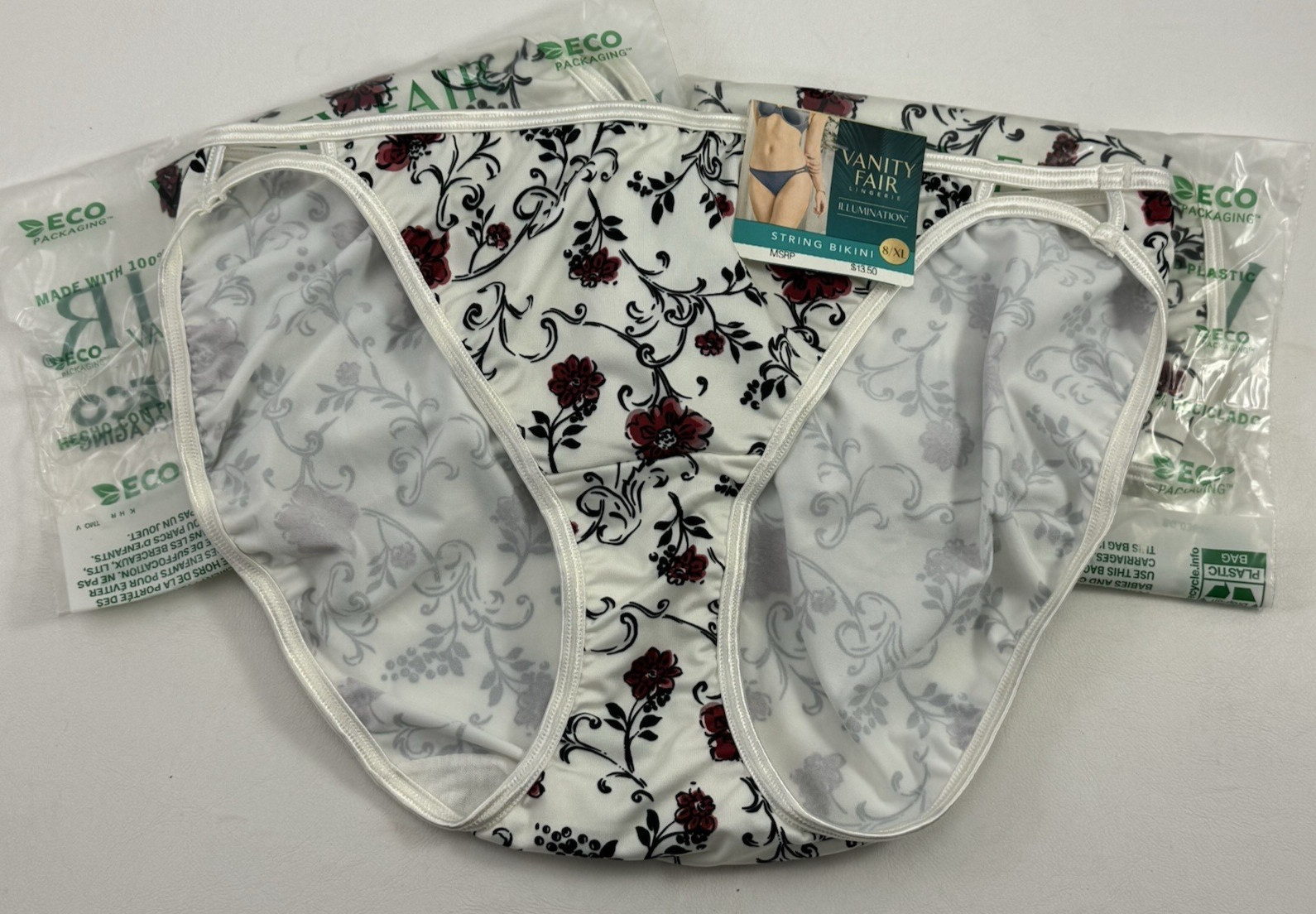 Lot 3 Vanity Fair Lingerie Illumination String Bikini 8/XL flowers NWT