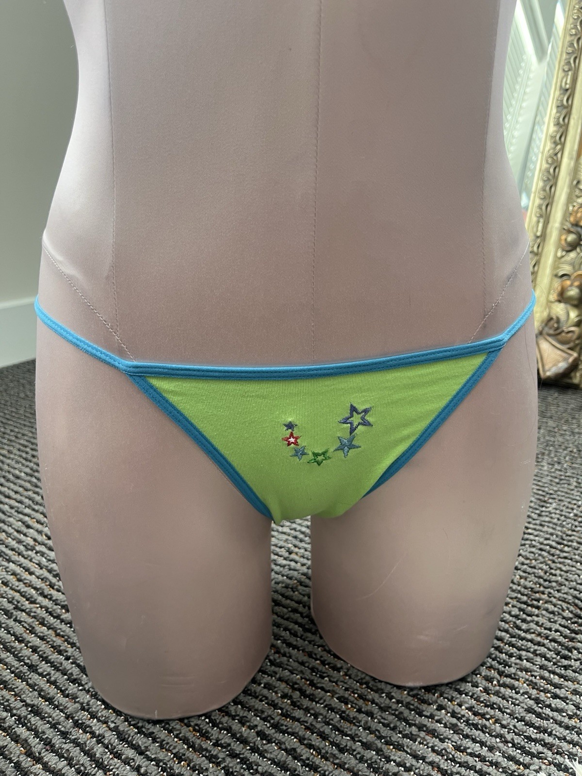Vintage Victoria’s Secret Green & Blue Star Embroidered Bikini Panty Y2K Size